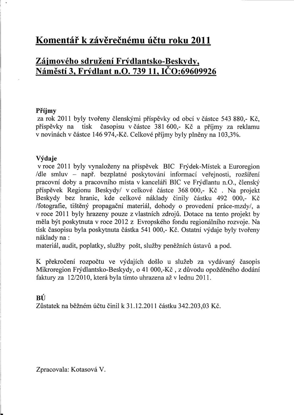 739 11, ICO:69609926 Prijmy za rok 2011 byly tvofeny 61enskymi pfispevky od obci v castce 543 880,- Kc, pfispevky na tisk casopisu v castce 381 600,- Kc a pfijmy za reklamu v novinach v castce 146