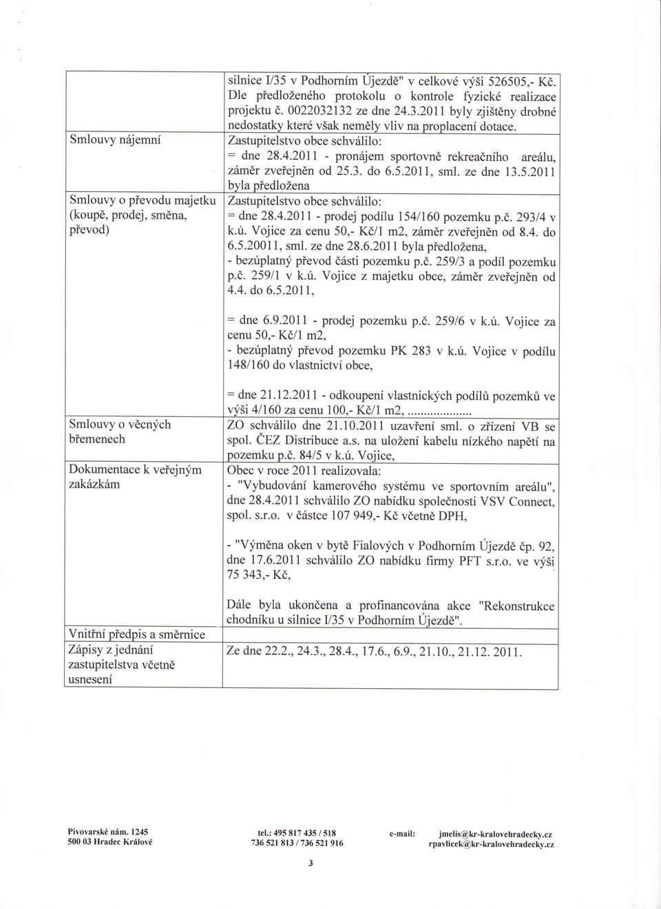 Zastupitelstvo obce schvalilo: = dne 28.4.2011 - pronajem sportovne rekreacniho arealu, zamer zvefejnen od 25.3. do 6.5.2011, sml. ze dne 13.5.2011 byla pf edlozena Zastupitelstvo obce schvalilo: = dne 28.