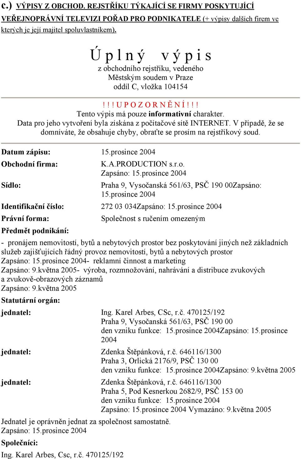 Data pro jeho vytvoření byla získána z počítačové sítě INTERNET. V případě, že se domníváte, že obsahuje chyby, obraťte se prosím na rejstříkový soud. Datum zápisu: 15.prosince 2004 Obchodní firma: K.