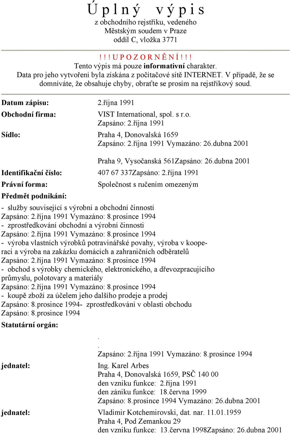 října 1991 Obchodní firma: VIST International, spol. s r.o. Zapsáno: 2.října 1991 Sídlo: Praha 4, Donovalská 1659 Zapsáno: 2.října 1991 Vymazáno: 26.dubna 2001 Praha 9, Vysočanská 561Zapsáno: 26.