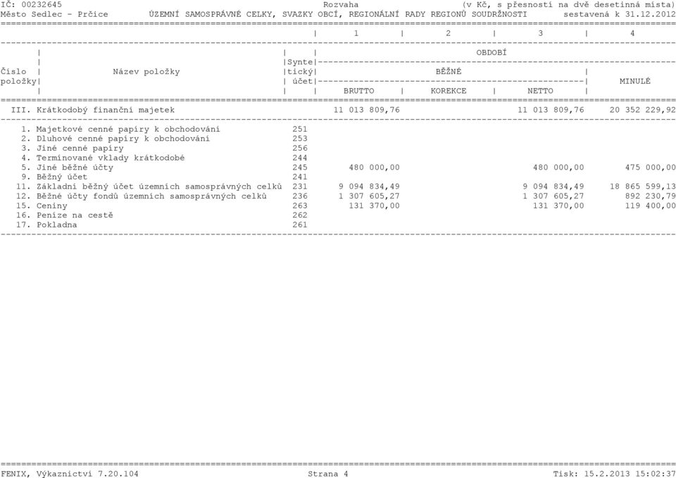 Běžný účet 241 11. Základní běžný účet územních samosprávných celků 231 9 094 834,49 9 094 834,49 18 865 599,13 12.