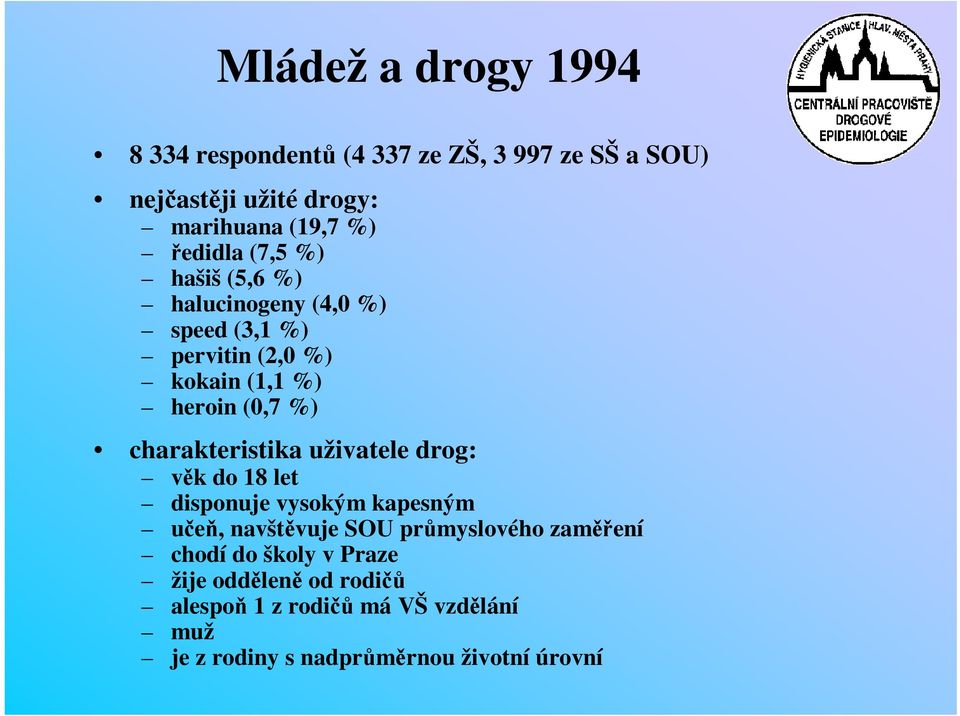 charakteristika uživatele drog: vk do 18 let disponuje vysokým kapesným ue, navštvuje SOU prmyslového zamení