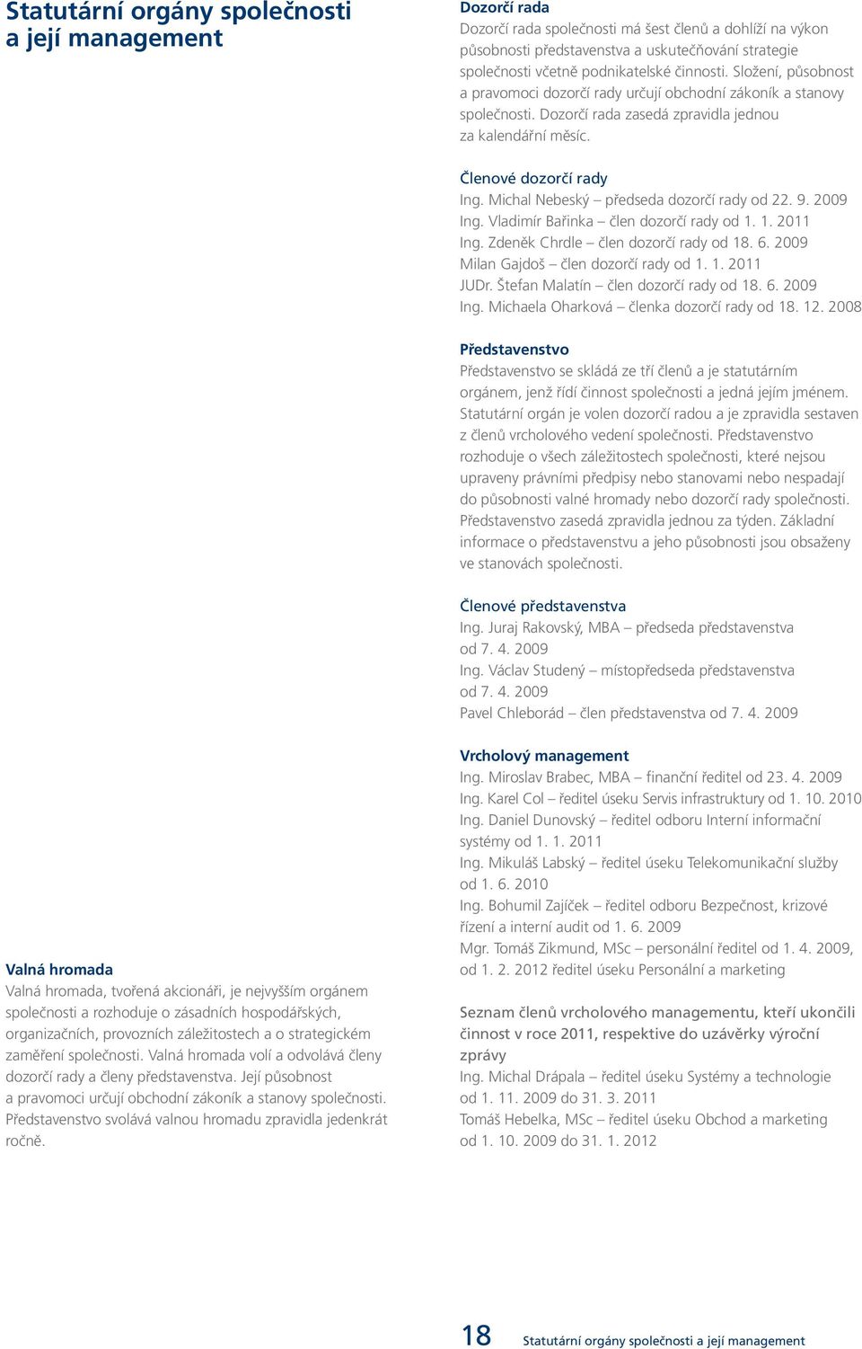 Michal Nebeský předseda dozorčí rady od 22. 9. 2009 Ing. Vladimír Bařinka člen dozorčí rady od 1. 1. 2011 Ing. Zdeněk Chrdle člen dozorčí rady od 18. 6. 2009 Milan Gajdoš člen dozorčí rady od 1. 1. 2011 JUDr.