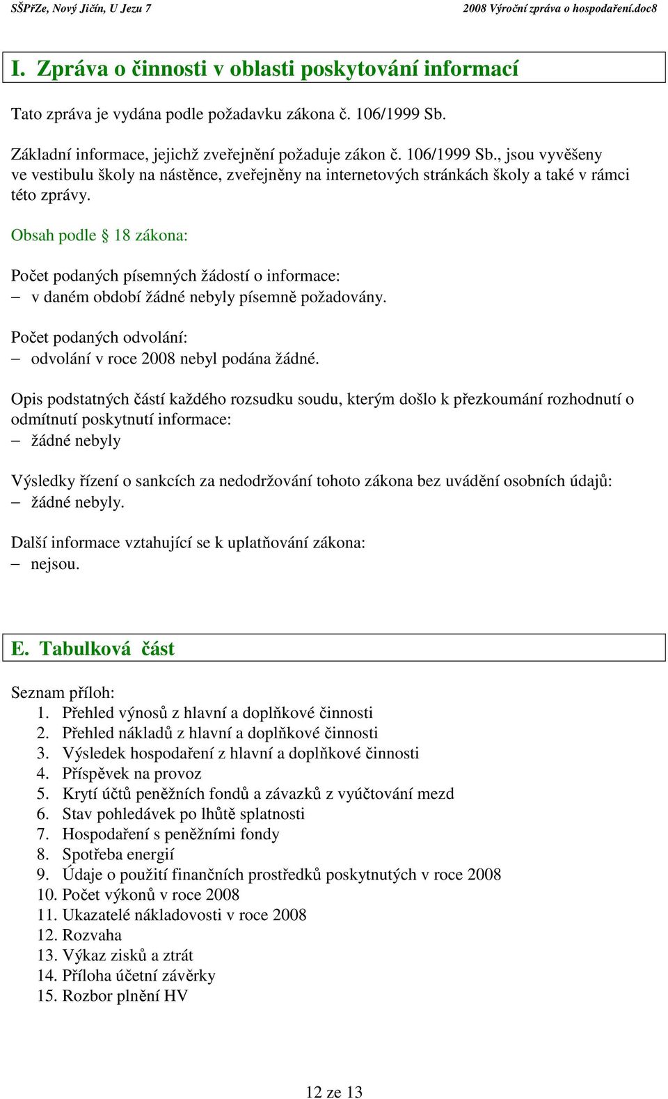 Obsah podle 18 zákona: Počet podaných písemných žádostí o informace: v daném období žádné nebyly písemně požadovány. Počet podaných odvolání: odvolání v roce 2008 nebyl podána žádné.