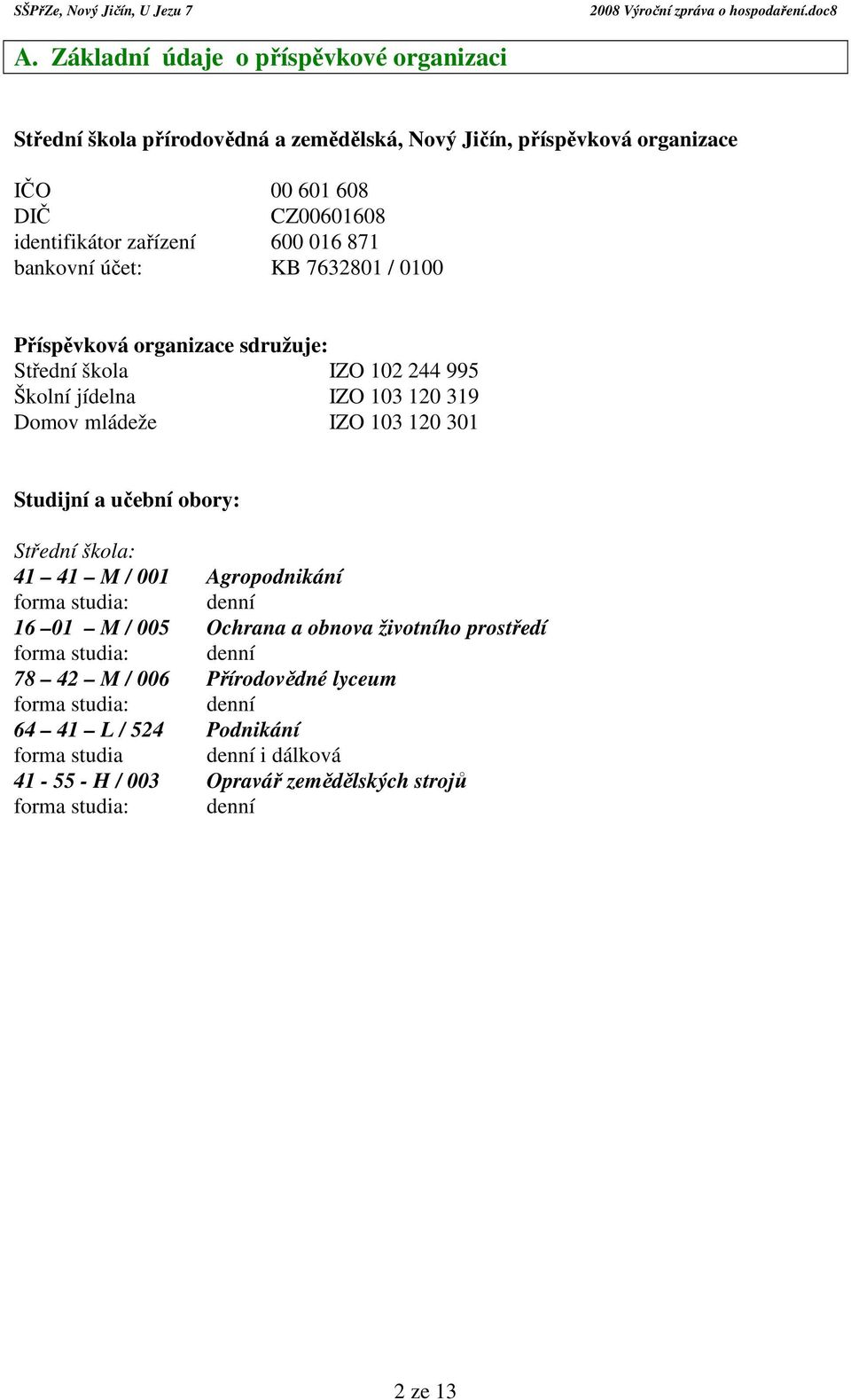 120 301 Studijní a učební obory: Střední škola: 41 41 M / 001 Agropodnikání forma studia: denní 16 01 M / 005 Ochrana a obnova životního prostředí forma studia: denní 78