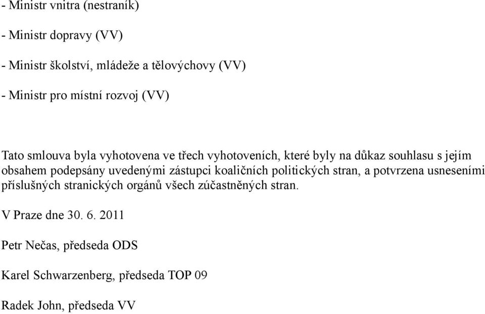 uvedenými zástupci koaličních politických stran, a potvrzena usneseními příslušných stranických orgánů všech