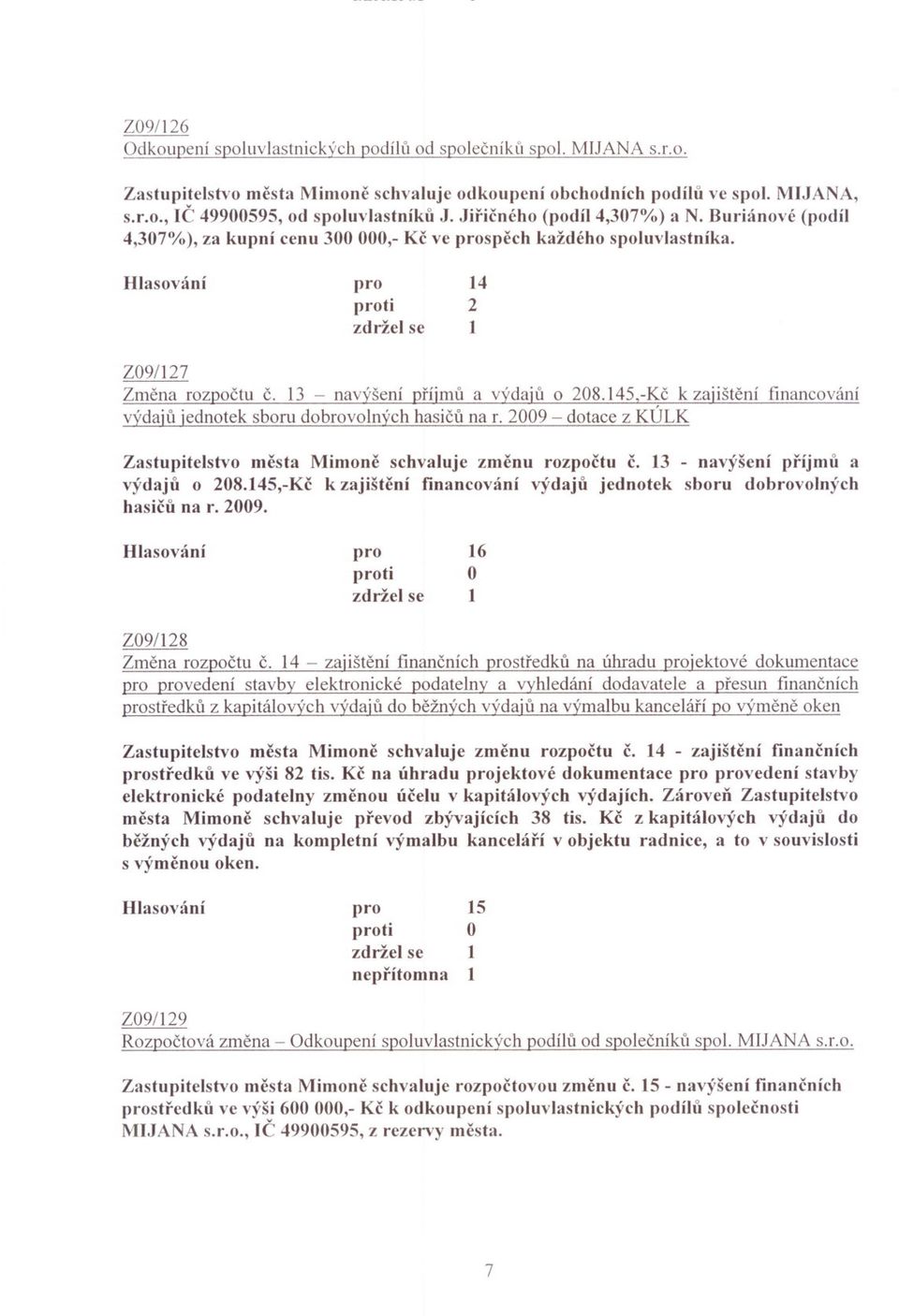 45,-Kc k zajištení financování výdajl'jednotek sboru dobrovolných hasicu na r. 009 - dotace z KÚLK Zastupitelstvo mesta Mimonc schvaluje zmcnu rozpoctu c. - navýšení príjmu a výdaju o 08.