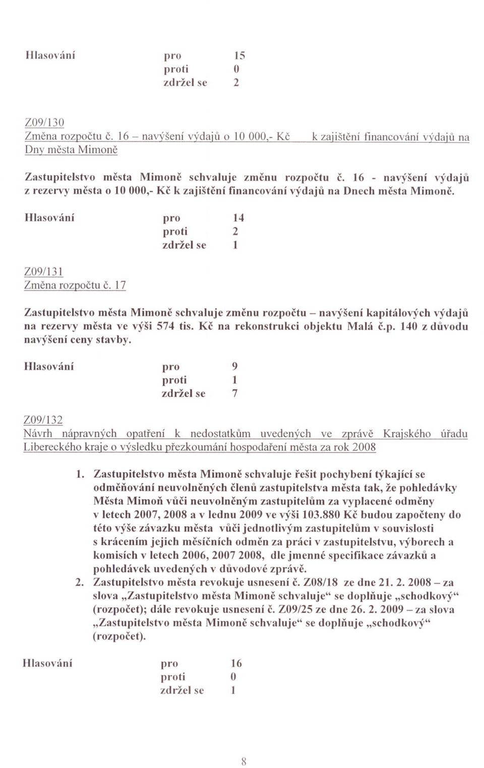 7 Zastupitelstvo mcsta Mimone schvaluje zmcnu rozpoctu - nav)'šení kapitálov)'ch výdaju na rezervy mcsta ve v)"ši 574 tis. Kc na rekonstrukci objektu Malá c.p. 40 z duvodu navýšení ceny stavby.