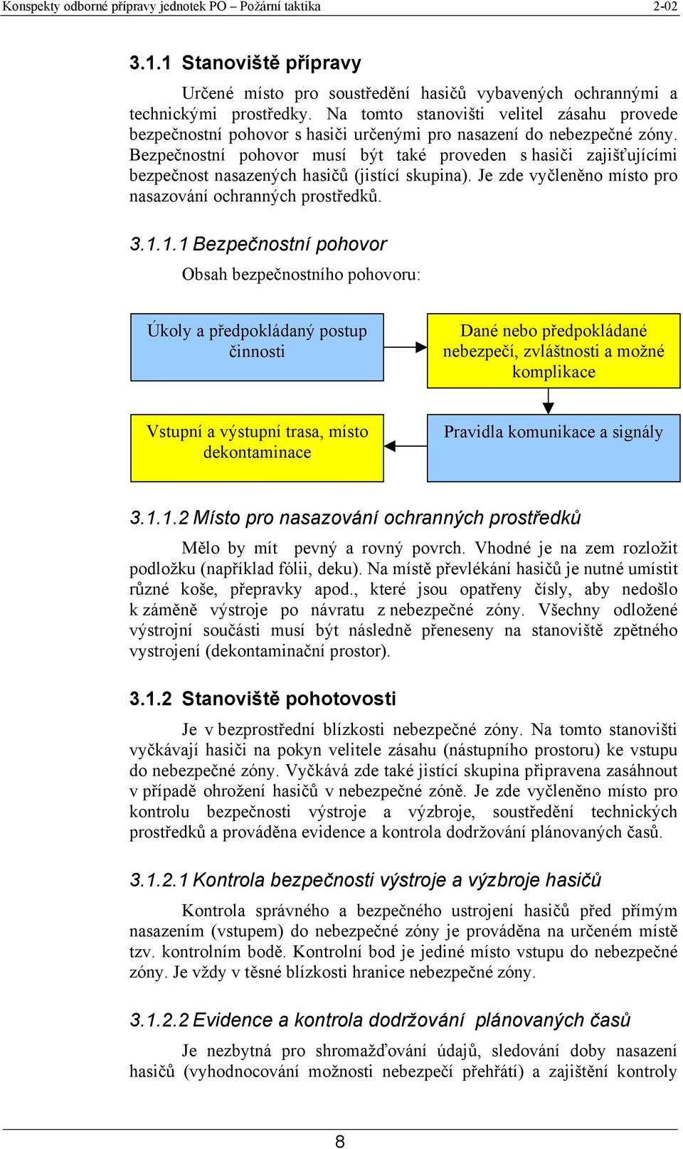 Bezpečnostní pohovor musí být také proveden s hasiči zajišťujícími bezpečnost nasazených hasičů (jistící skupina). Je zde vyčleněno místo pro nasazování ochranných prostředků. 3.1.