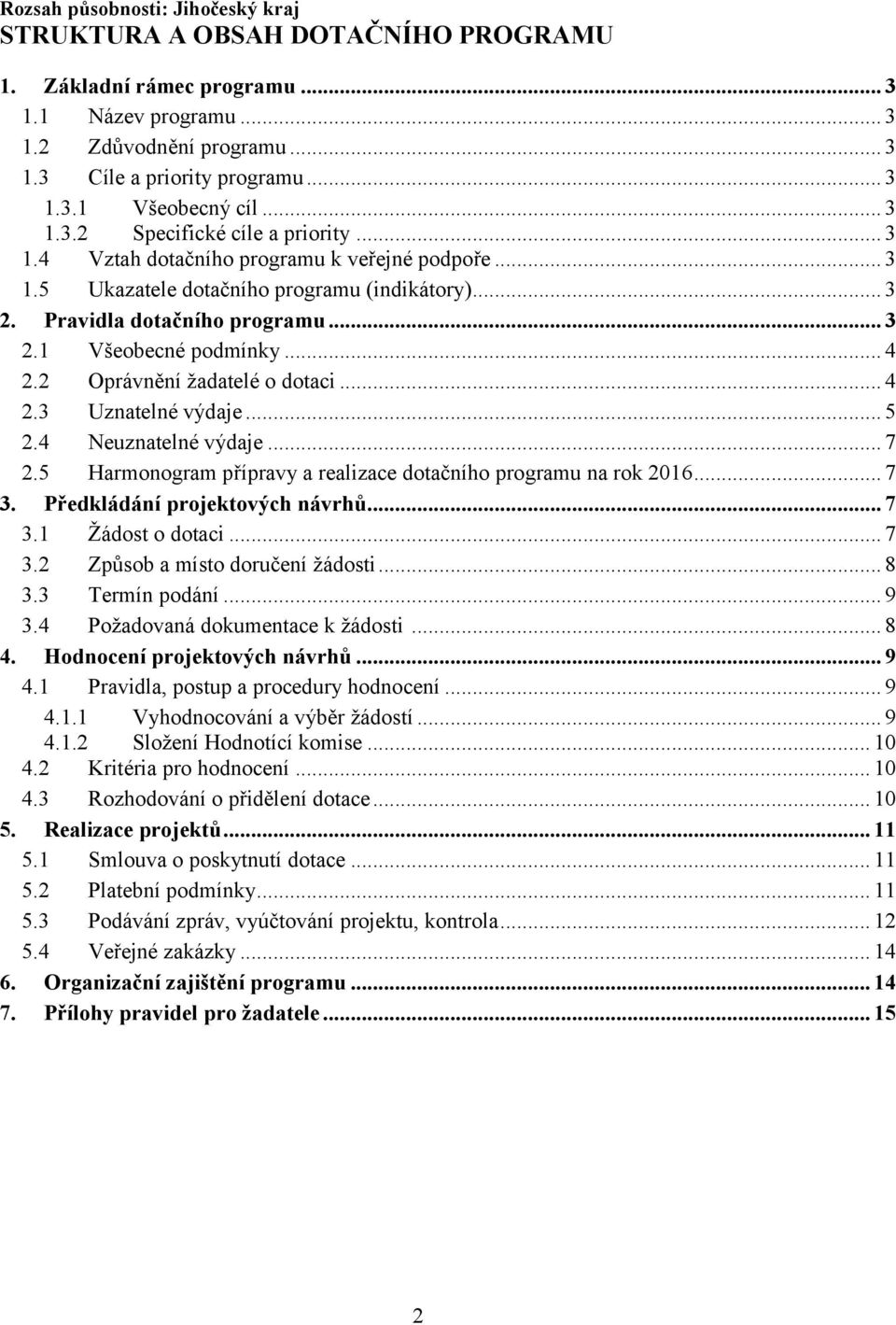 .. 4 2.2 Oprávnění žadatelé o dotaci... 4 2.3 Uznatelné výdaje... 5 2.4 Neuznatelné výdaje... 7 2.5 Harmonogram přípravy a realizace dotačního programu na rok 2016... 7 3.