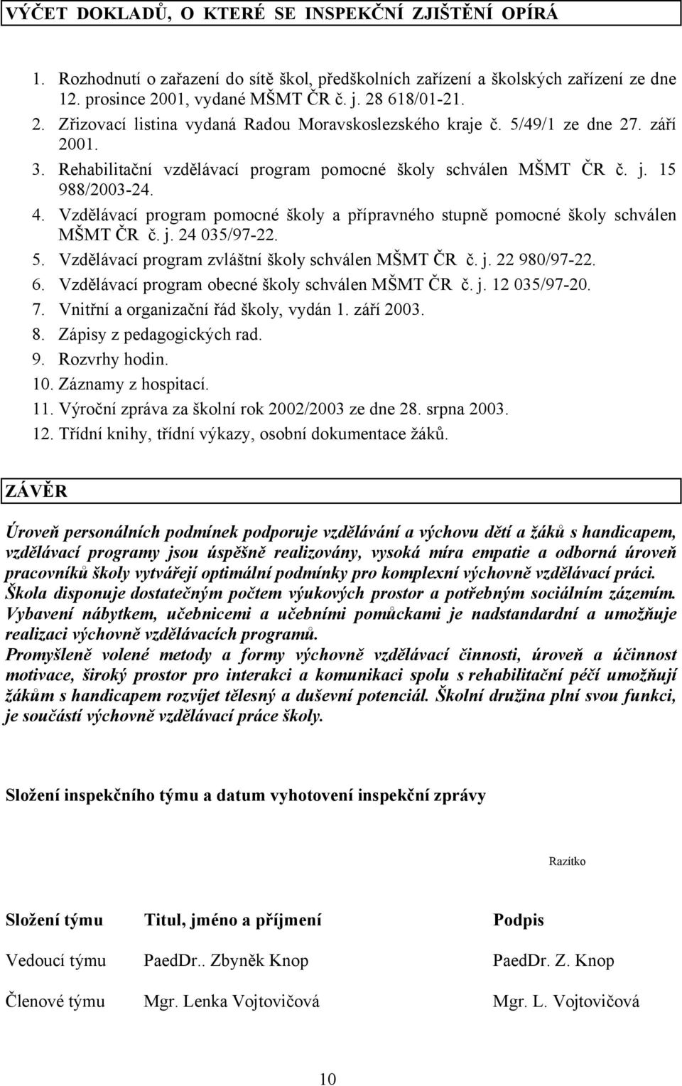 j. 15 988/2003-24. 4. Vzdělávací program pomocné školy a přípravného stupně pomocné školy schválen MŠMT ČR č. j. 24 035/97-22. 5. Vzdělávací program zvláštní školy schválen MŠMT ČR č. j. 22 980/97-22.