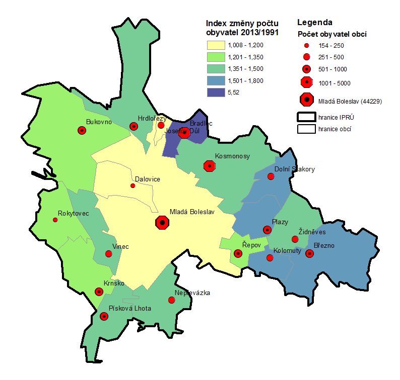 2012 29 74-45 550 476 1 951 1 996 2013 128 50 78 550 500 1 895 1 817 Zdroj dat: ČSÚ (2014b) Mapa 2: Změna počtu obyvatel v obcích IPRÚ MB mezi lety 1991 a 2013 Zdroj dat: ČSÚ (2006, 2014a) Pozn.