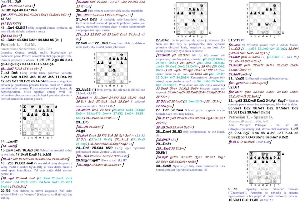 Amsterdam (Netherlands), 1964, E62 Lysenko: Ocenka pozicii, str.58. Psychologie pri hodnoceni pozic. Pozicni nekorektni obet typicka pro Tala. Cviceni propoctu v obrane. 1.Jf3 Jf6 2.g3 d6 3.d4 g6 4.