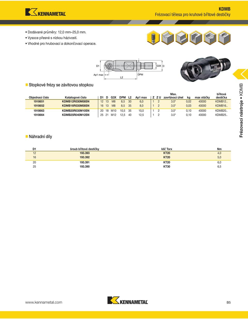 zavrtávací úhel kg max otáčky břitová destička 1918651 KDMB12R030M08SN 12 13 M8 8,5 30 6,0 1 2 3.0 0,02 40000 KDMB12.. 1918652 KDMB16R035M08SN 16 13 M8 8,5 35 8,0 1 2 3.