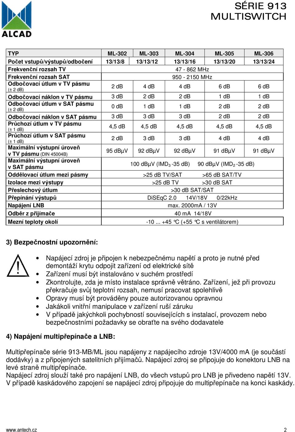 3 db 2 db 2 db Průchozí útlum v TV pásmu (± 1 db) 4,5 db 4,5 db 4,5 db 4,5 db 4,5 db Průchozí útlum v SAT pásmu (± 1 db) 2 db 3 db 3 db 4 db 4 db Maximální výstupní úroveň v TV pásmu (DIN 45004B) 95