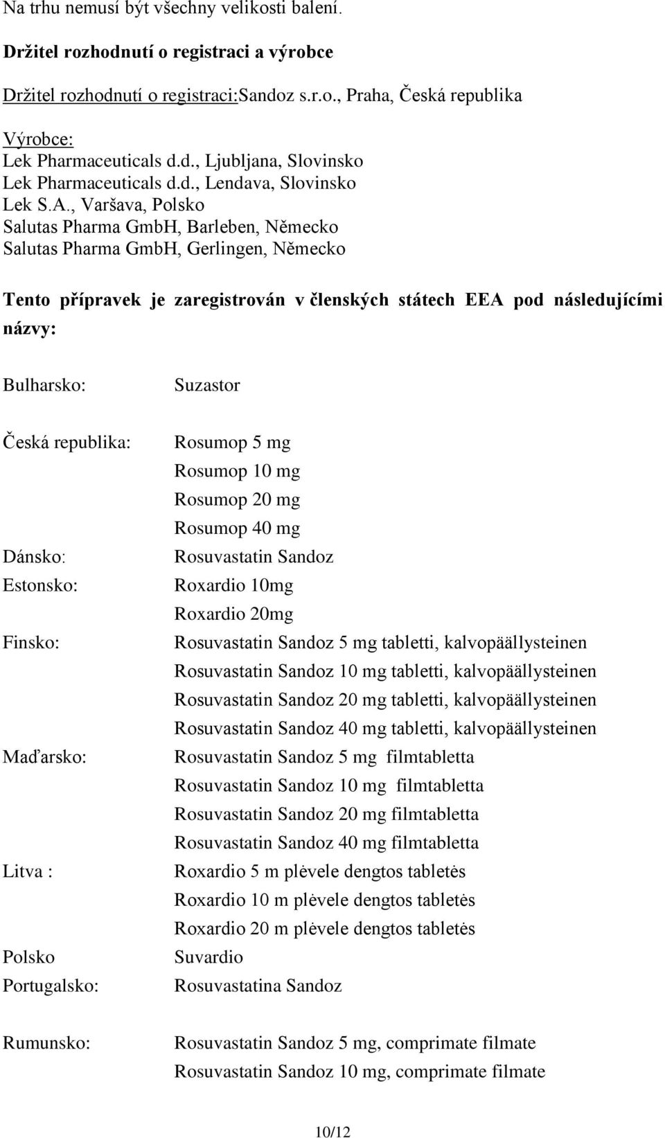 , Varšava, Polsko Salutas Pharma GmbH, Barleben, Německo Salutas Pharma GmbH, Gerlingen, Německo Tento přípravek je zaregistrován v členských státech EEA pod následujícími názvy: Bulharsko: Suzastor