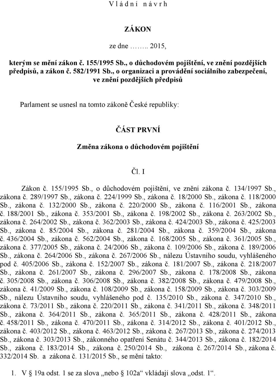 155/1995 Sb., o důchodovém pojištění, ve znění zákona č. 134/1997 Sb., zákona č. 289/1997 Sb., zákona č. 224/1999 Sb., zákona č. 18/2000 Sb., zákona č. 118/2000 Sb., zákona č. 132/2000 Sb., zákona č. 220/2000 Sb.