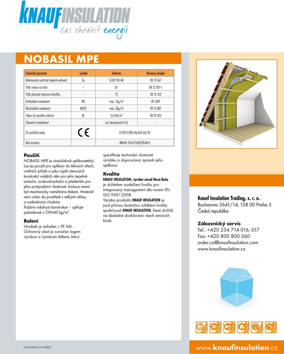 3kg/m 2 EN 12 087 Odpor při proudění vzduchu AF r 5,0 kns/m 2 EN 29 053 Zdravotní nezávadnost (viz bezpečnostní list) ES certifikát shody Kód označení Použití NOBASIL MPE je víceúčelově aplikovatelný.