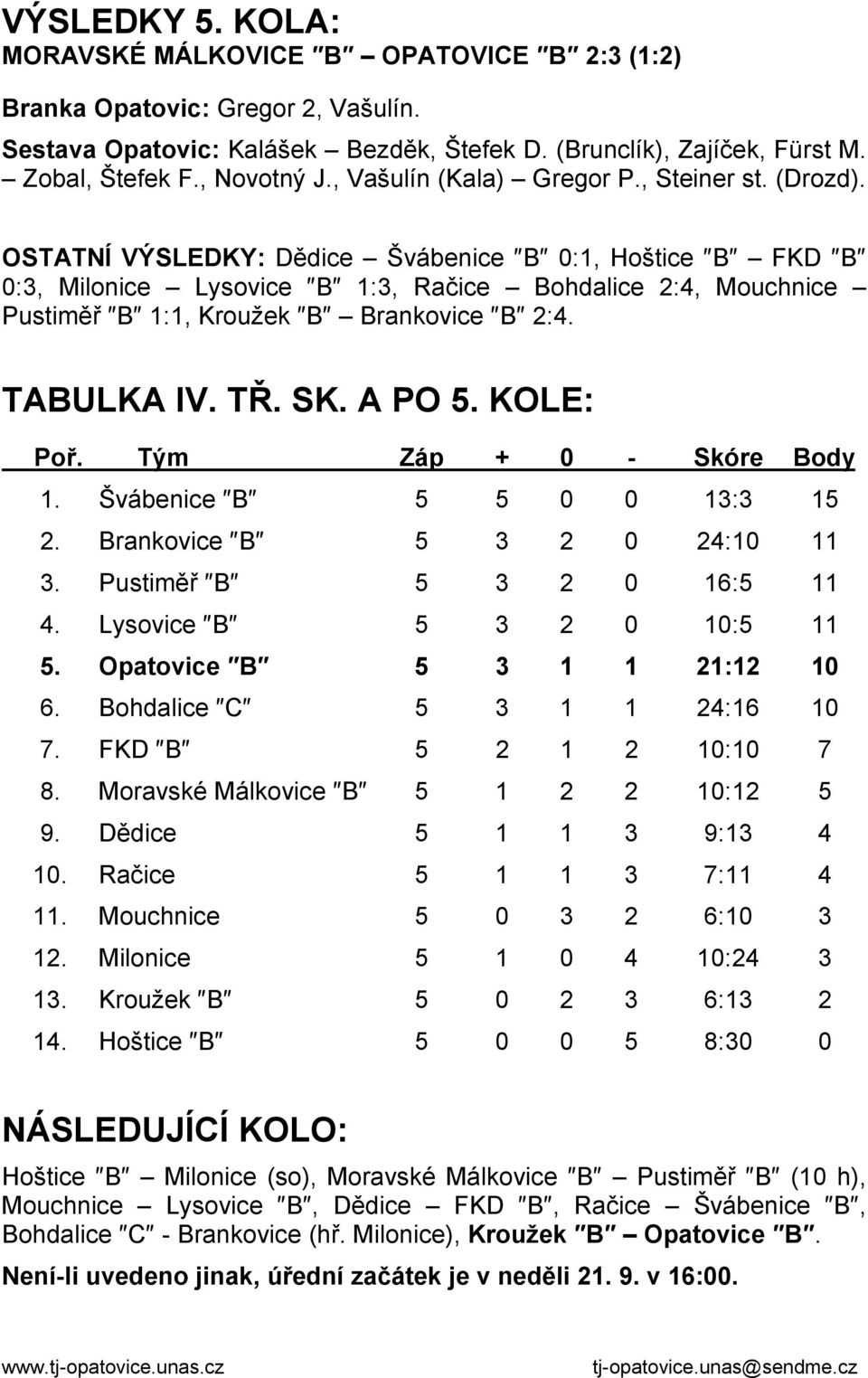 OSTATNÍ VÝSLEDKY: Dědice Švábenice B 0:1, Hoštice B FKD B 0:3, Milonice Lysovice B 1:3, Račice Bohdalice 2:4, Mouchnice Pustiměř B 1:1, Kroužek B Brankovice B 2:4. TABULKA IV. TŘ. SK. A PO 5.