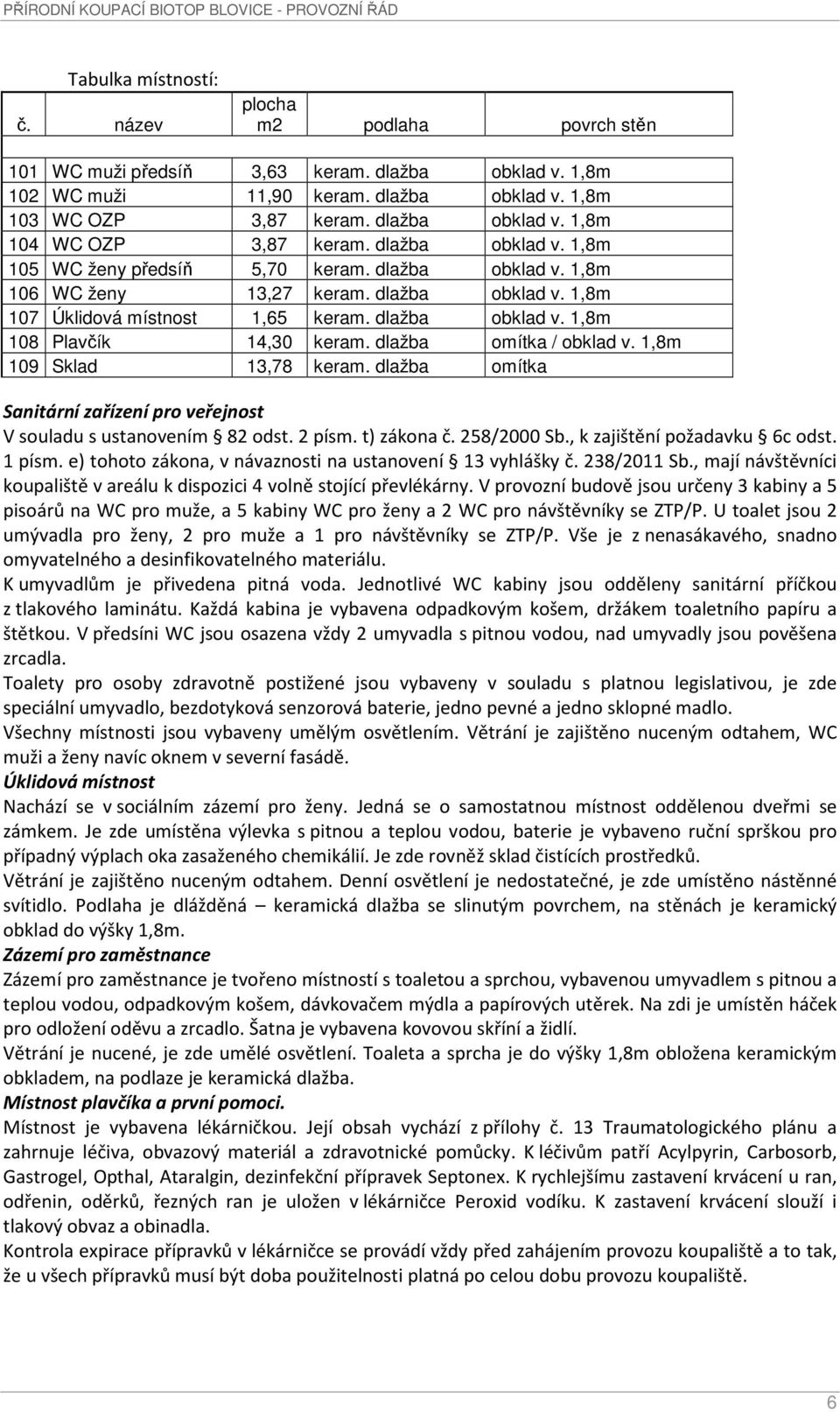 dlažba omítka / obklad v. 1,8m 109 Sklad 13,78 keram. dlažba omítka Sanitární zařízení pro veřejnost V souladu s ustanovením 82 odst. 2 písm. t) zákona č. 258/2000 Sb., k zajištění požadavku 6c odst.