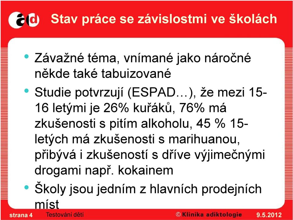 zkušenosti s pitím alkoholu, 45 % 15- letých má zkušenosti s marihuanou, přibývá i