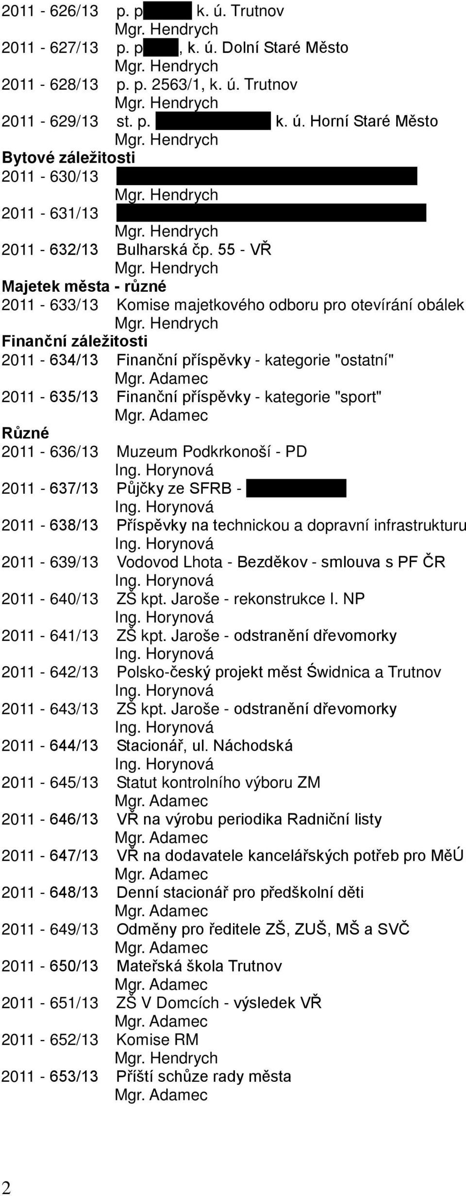 kategorie "sport" Různé 2011-636/13 Muzeum Podkrkonoší - PD 2011-637/13 Půjčky ze SFRB - 2011-638/13 Příspěvky na technickou a dopravní infrastrukturu 2011-639/13 Vodovod Lhota - Bezděkov - smlouva s