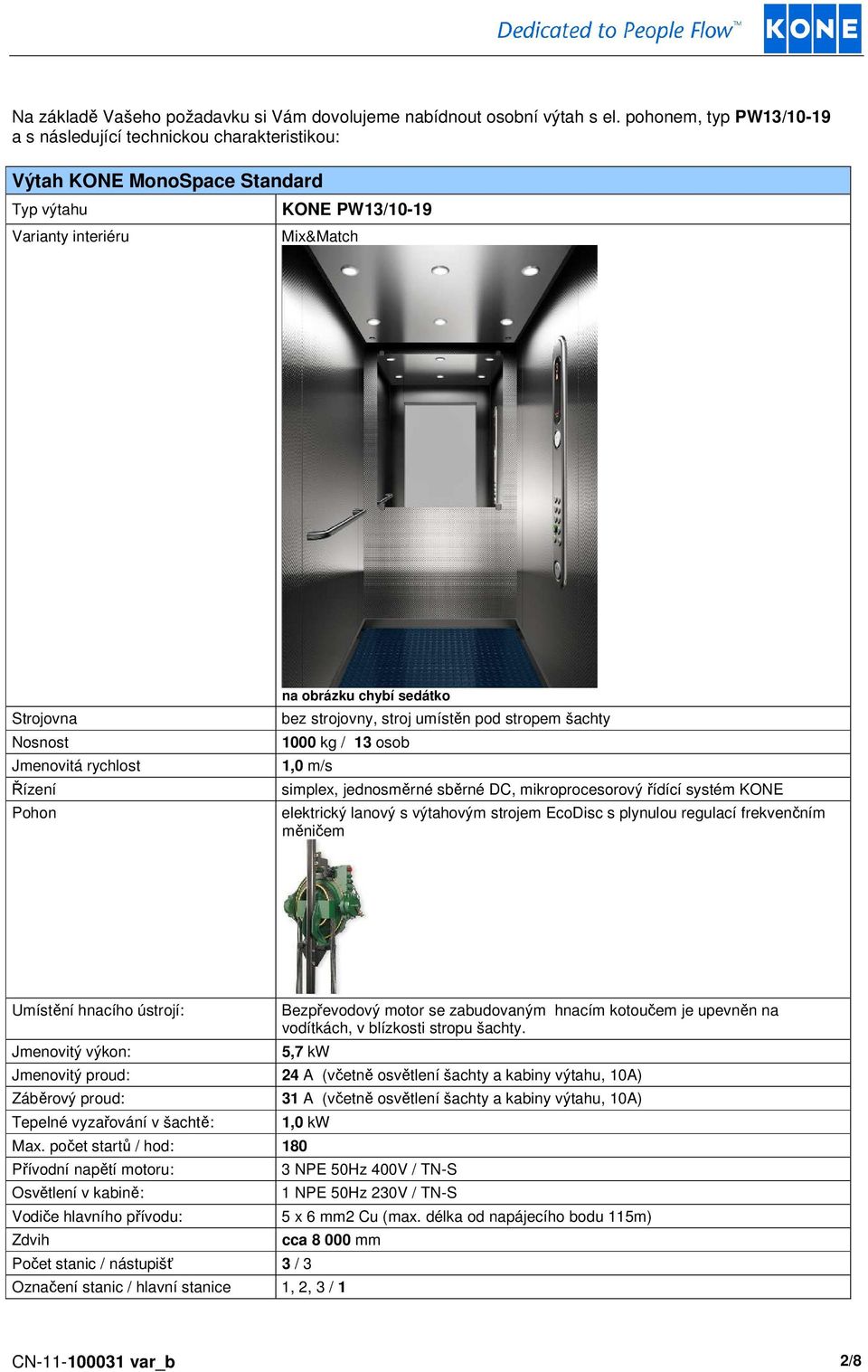 Pohon na obrázku chybí sedátko bez strojovny, stroj umístěn pod stropem šachty 1000 kg / 13 osob 1,0 m/s simplex, jednosměrné sběrné DC, mikroprocesorový řídící systém KONE elektrický lvý s výtahovým