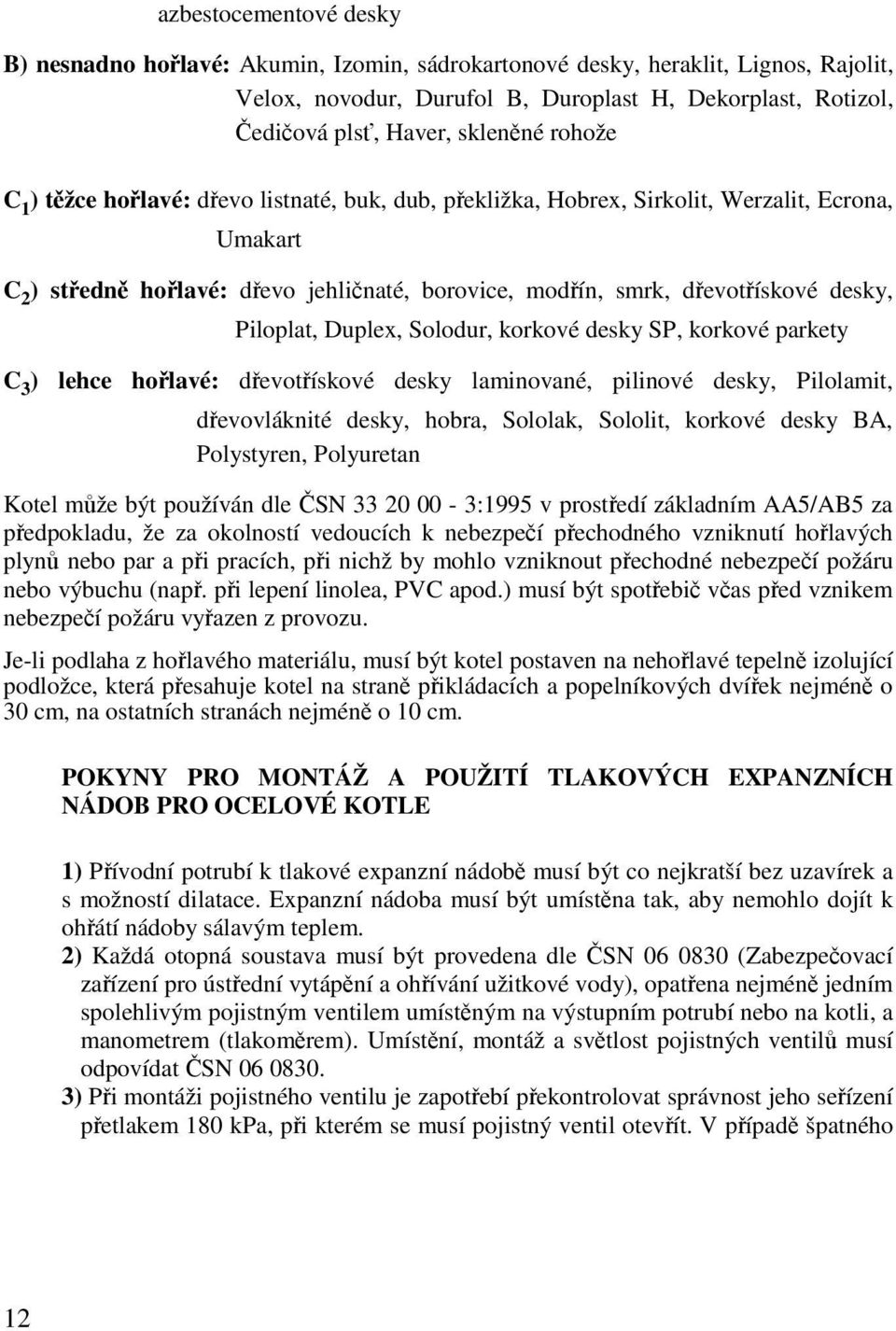 desky, Piloplat, Duplex, Solodur, korkové desky SP, korkové parkety C 3 ) lehce hořlavé: dřevotřískové desky laminované, pilinové desky, Pilolamit, dřevovláknité desky, hobra, Sololak, Sololit,