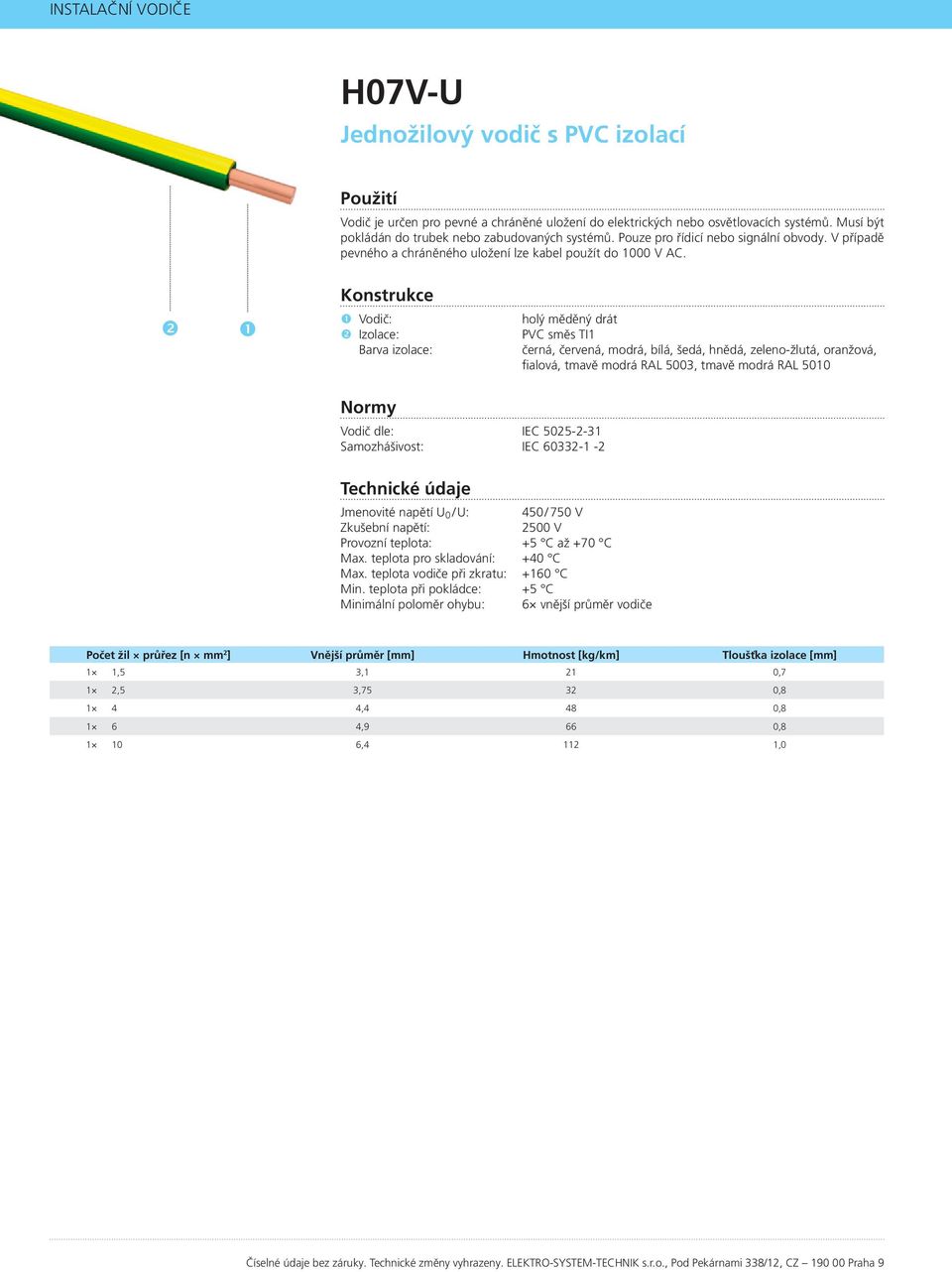 Vodič: Izolace: holý měděný drát PVC směs TI1 Vodič dle: IEC 5025-2-31 Samozhášivost: IEC 60332-1 -2 Jmenovité napětí U 0 /