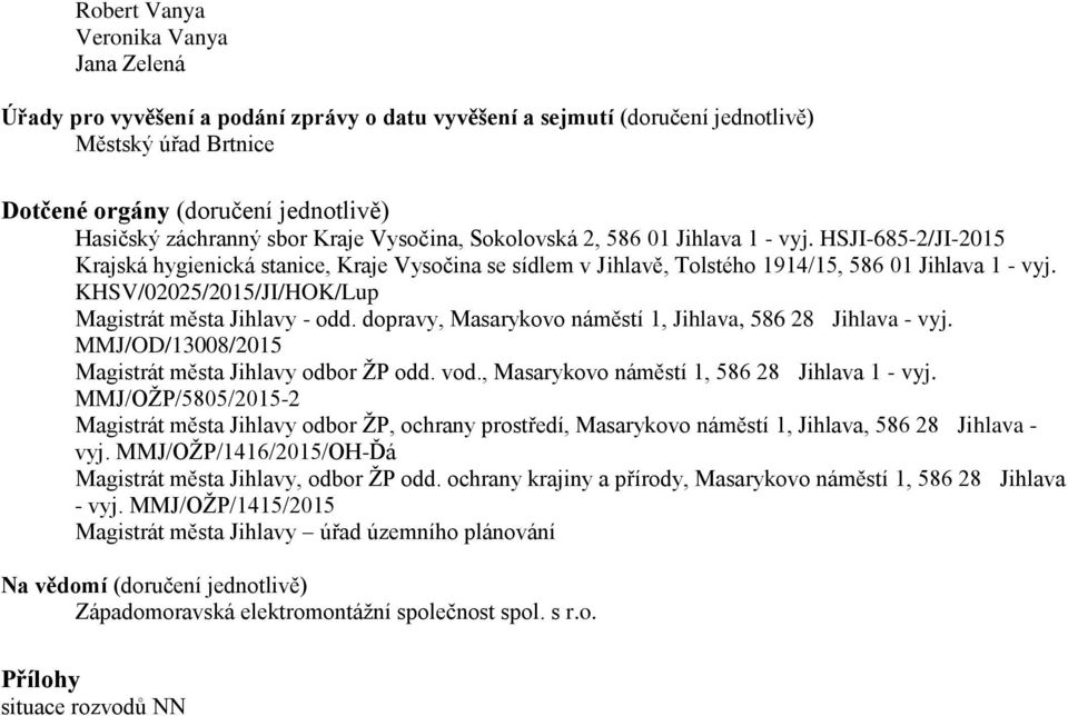 KHSV/02025/2015/JI/HOK/Lup Magistrát města Jihlavy - odd. dopravy, Masarykovo náměstí 1, Jihlava, 586 28 Jihlava - vyj. MMJ/OD/13008/2015 Magistrát města Jihlavy odbor ŽP odd. vod.