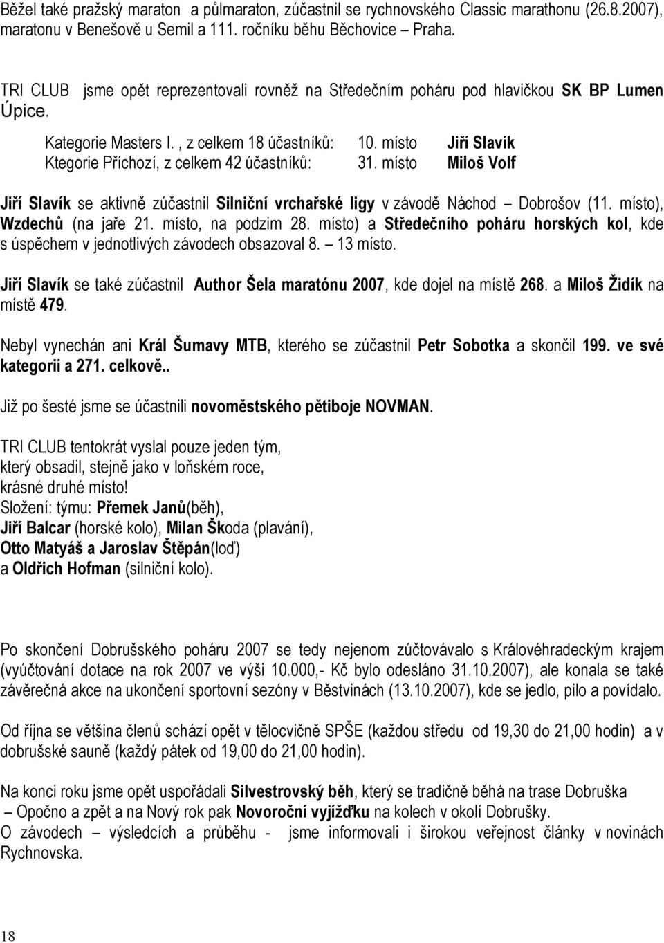 místo Miloš Volf Jiří Slavík se aktivně zúčastnil Silniční vrchařské ligy v závodě Náchod Dobrošov (11. místo), Wzdechů (na jaře 21. místo, na podzim 28.