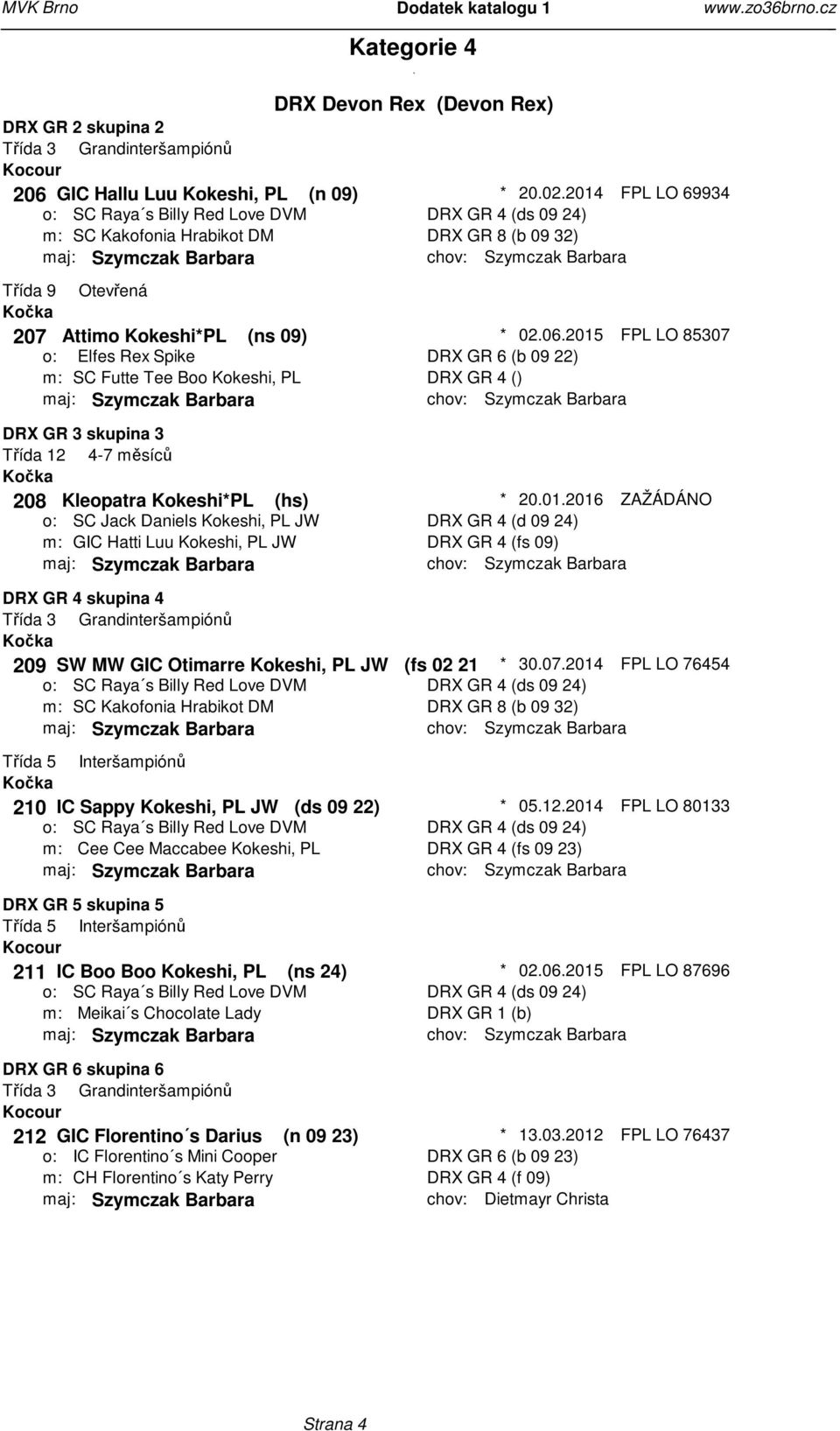 22) DRX GR 4 () DRX GR 3 skupina 3 Třída 12 4-7 měsíců 208 Kleopatra Kokeshi*PL (hs) o: SC Jack Daniels Kokeshi, PL JW m: GIC Hatti Luu Kokeshi, PL JW * 20012016 ZAŽÁDÁNO DRX GR 4 (d 09 24) DRX GR 4