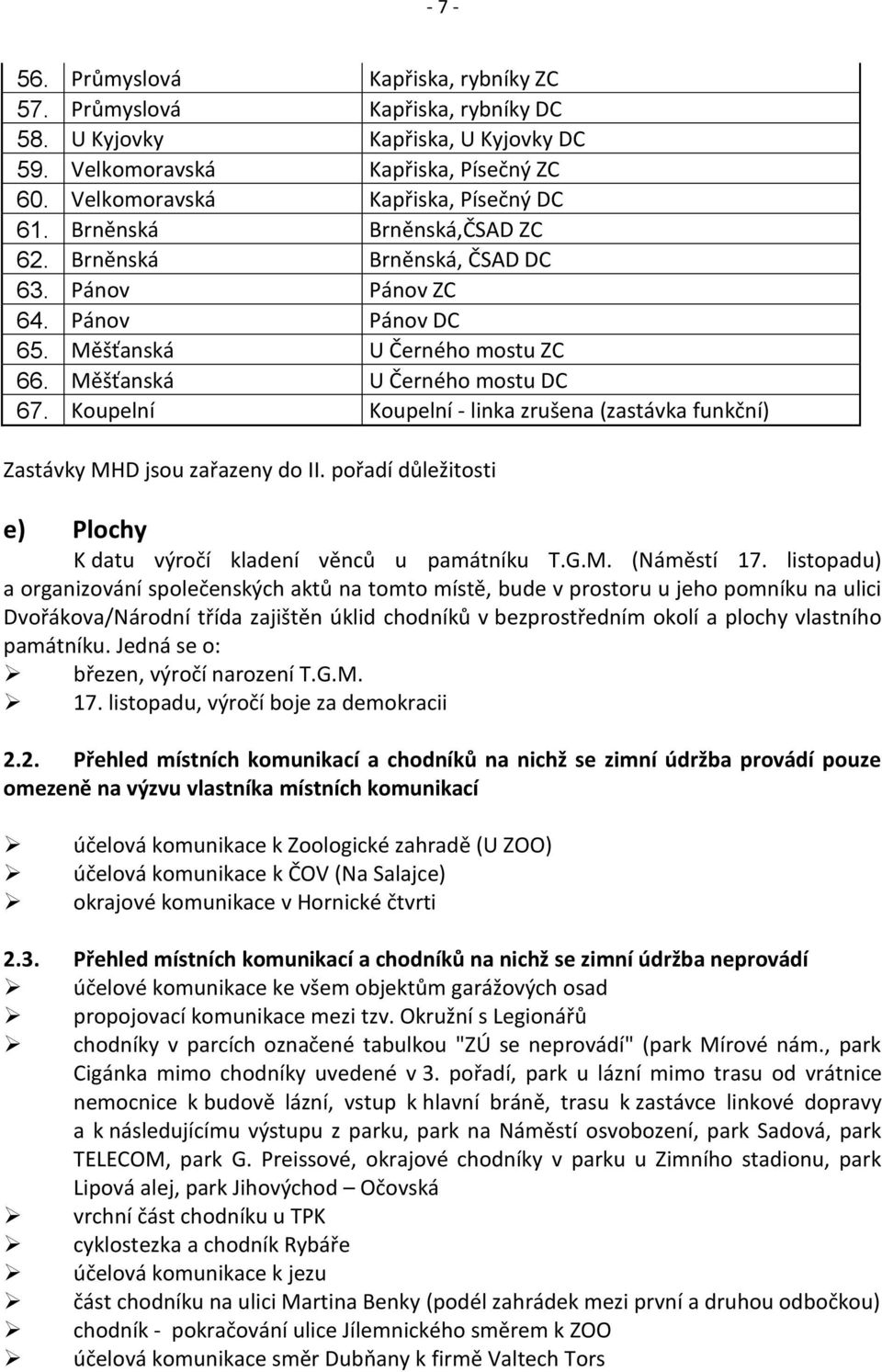 Koupelní Koupelní - linka zrušena (zastávka funkční) Zastávky MHD jsou zařazeny do II. pořadí důležitosti e) Plochy K datu výročí kladení věnců u památníku T.G.M. (Náměstí 17.