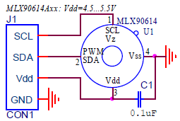 1 SCL/Vz vstupní hodinový signál 2 PWM / SDA digitální vstup/výstup 3 VDD - externí zdroj napětí 4 VSS - GDN (uzemnění) k tomuto pinu jsou připojeny také kovové části detektoru, [9].