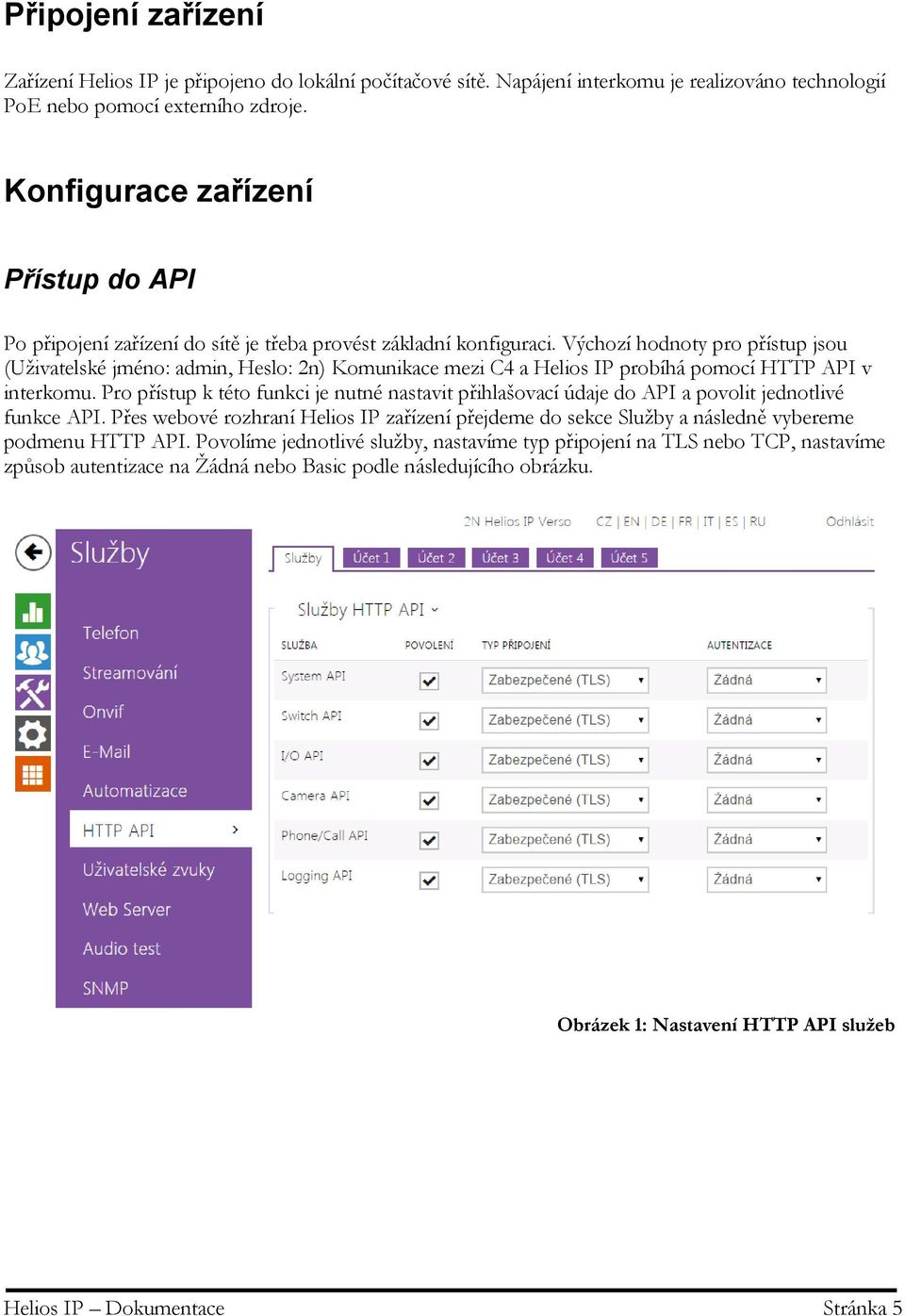 Výchozí hodnoty pro přístup jsou (Uživatelské jméno: admin, Heslo: 2n) Komunikace mezi C4 a Helios IP probíhá pomocí HTTP API v interkomu.