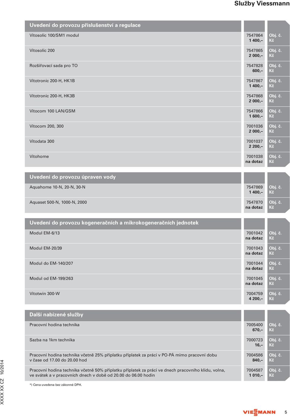 provozu kogeneračních a mikrokogeneračních jednotek Modul EM-6/13 7001042 Modul EM-20/39 7001043 Modul do EM-140/207 7001044 Modul od EM-199/263 7001045 Vitotwin 300-W 7004759 Další nabízené služby