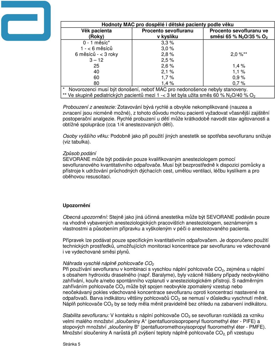 ** Ve skupině pediatrických pacientů mezi 1 -< 3 let byla užita směs 60 % N 2 O/40 % O 2 Probouzení z anestezie: Zotavování bývá rychlé a obvykle nekomplikované (nauzea a zvracení jsou nicméně