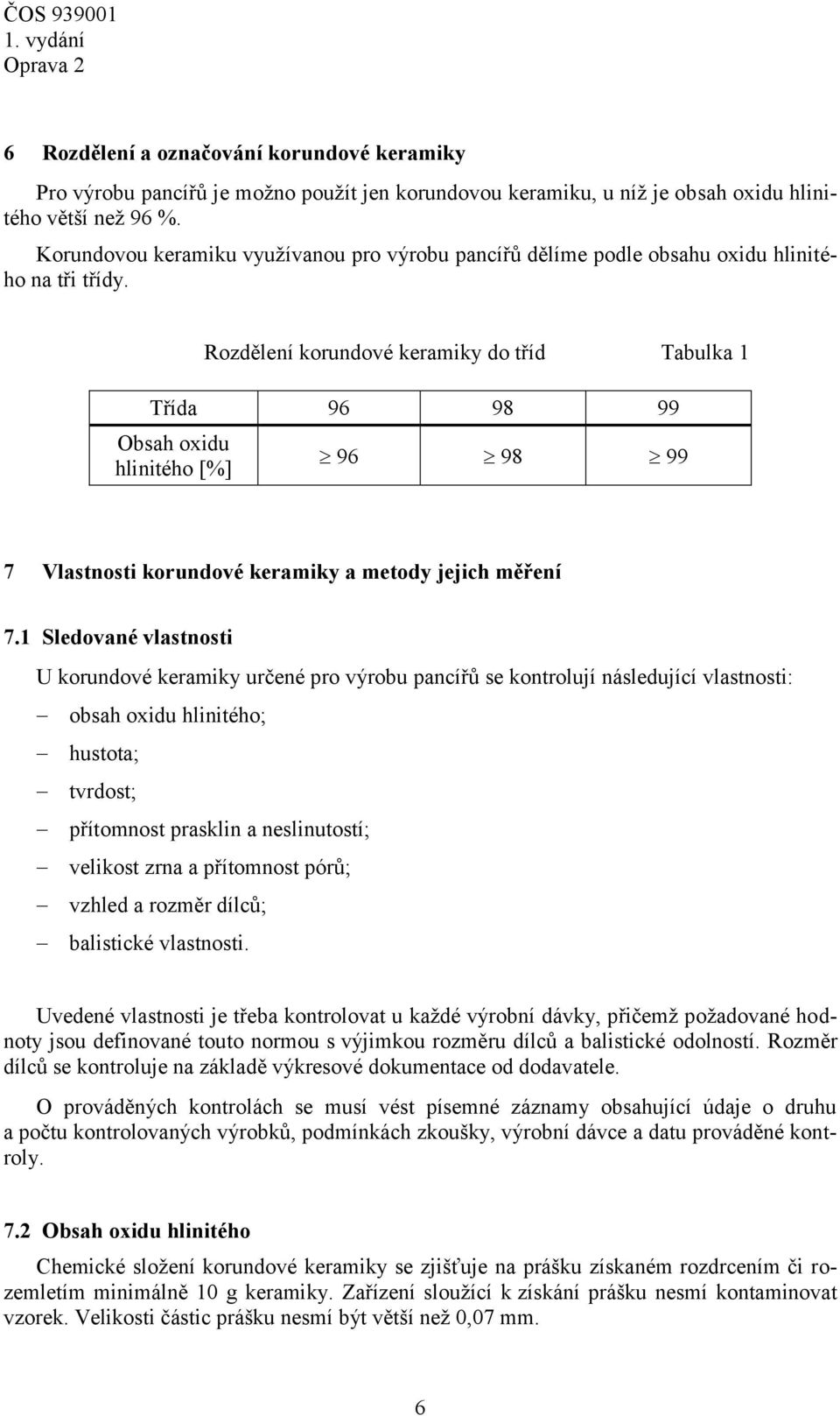 Rozdělení korundové keramiky do tříd Tabulka 1 Třída 96 98 99 Obsah oxidu hlinitého [%] 96 98 99 7 Vlastnosti korundové keramiky a metody jejich měření 7.