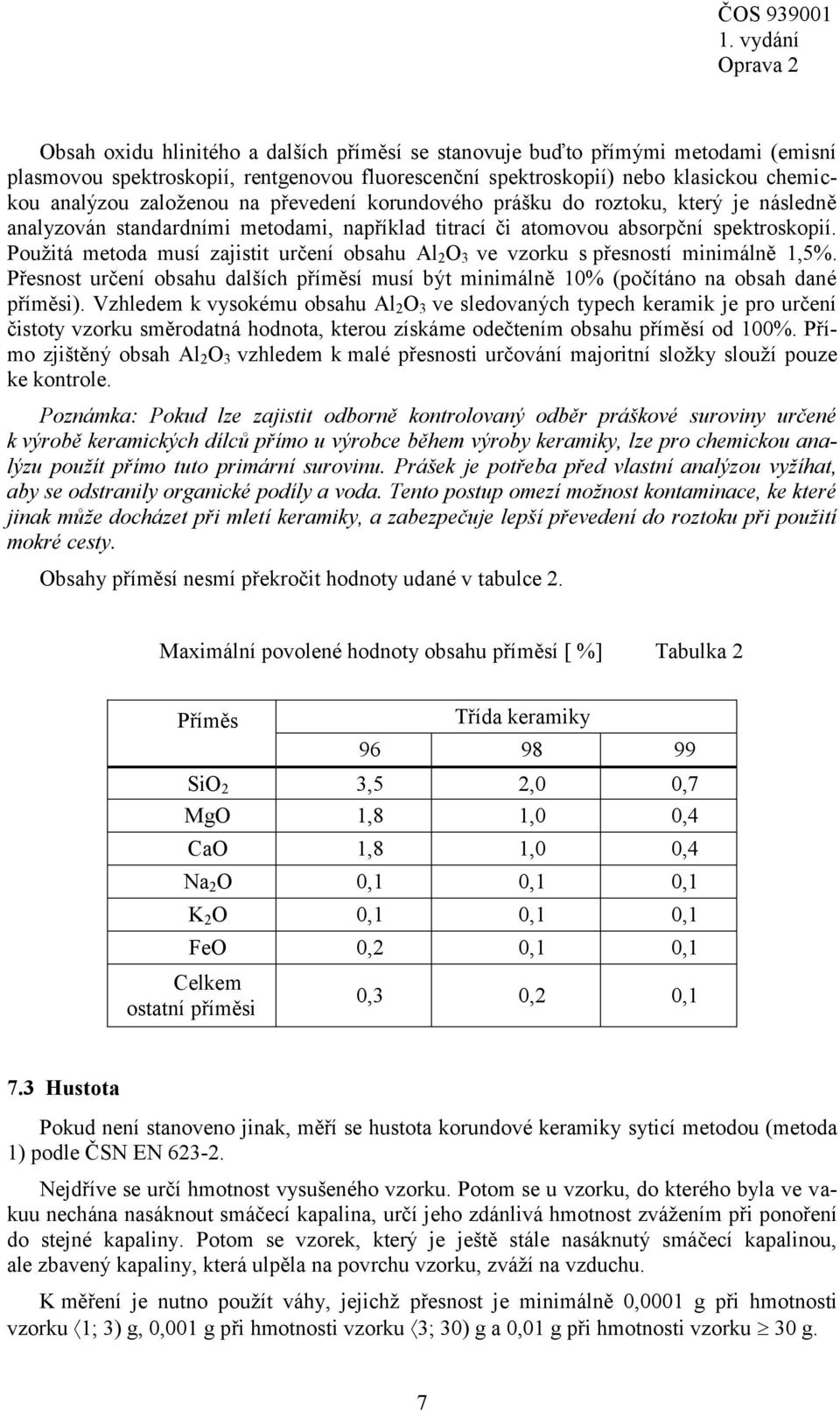 Použitá metoda musí zajistit určení obsahu Al 2 O 3 ve vzorku s přesností minimálně 1,5%. Přesnost určení obsahu dalších příměsí musí být minimálně 10% (počítáno na obsah dané příměsi).