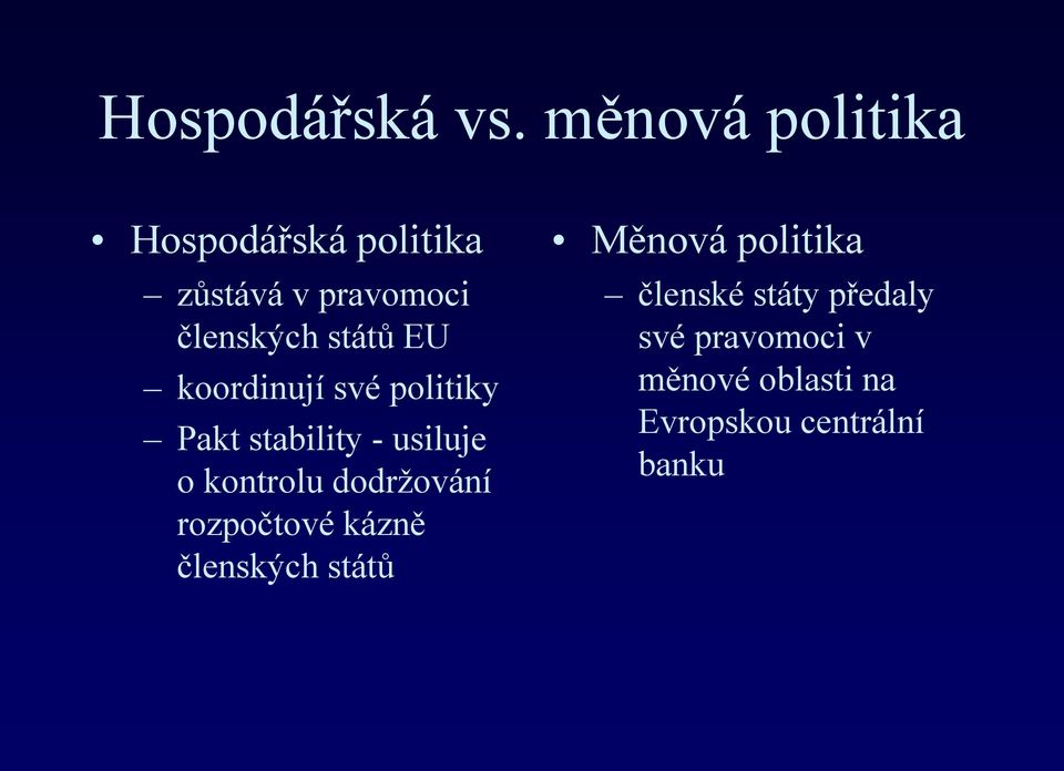 EU koordinují své politiky Pakt stability - usiluje o kontrolu dodržování