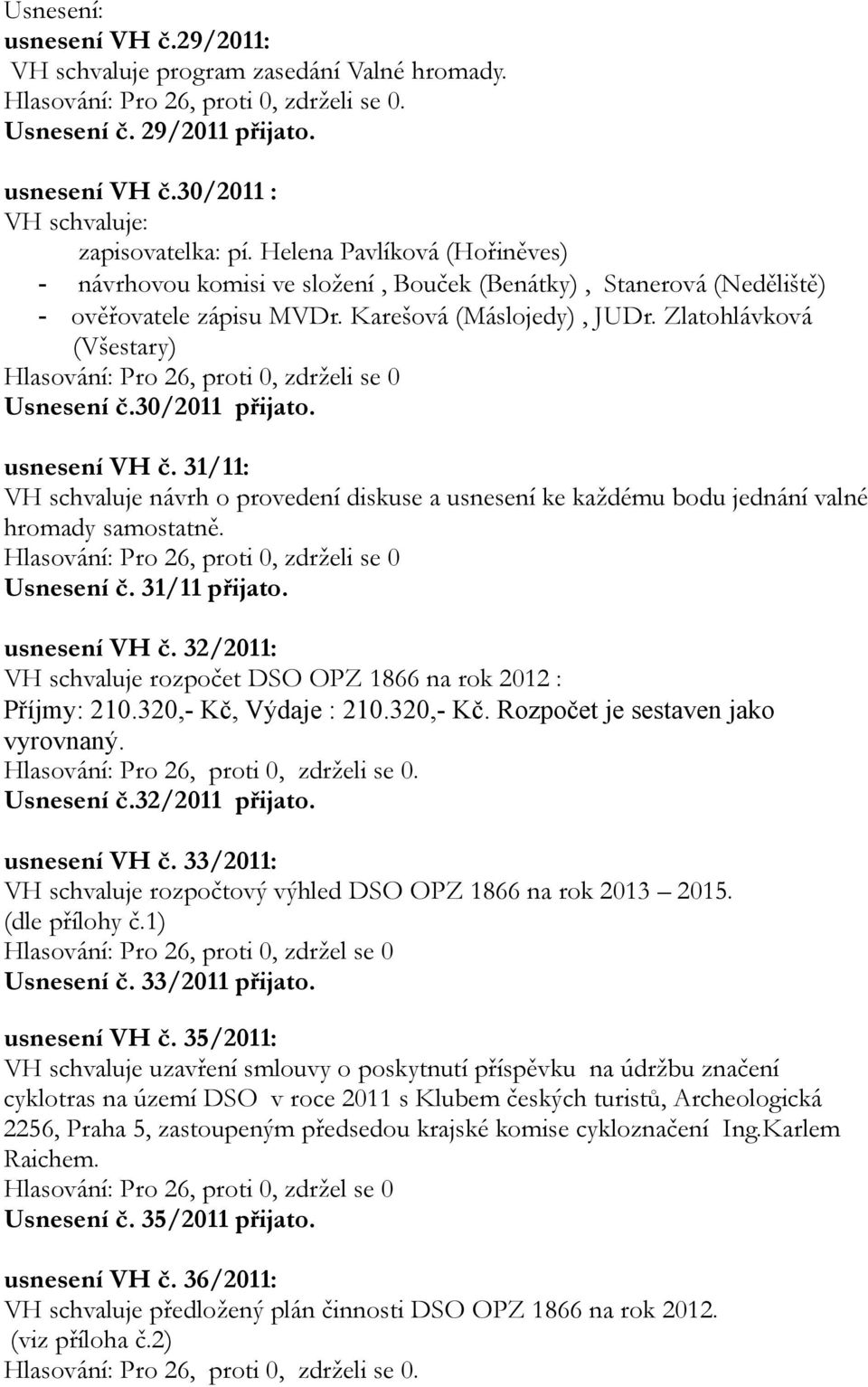 30/2011 přijato. usnesení VH č. 31/11: VH schvaluje návrh o provedení diskuse a usnesení ke každému bodu jednání valné hromady samostatně. Usnesení č. 31/11 přijato. usnesení VH č. 32/2011: VH schvaluje rozpočet DSO OPZ 1866 na rok 2012 : Příjmy: 210.