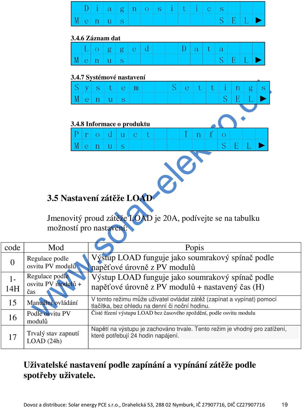 modulů napěťové úrovně z PV modulů 1- Výstup LOAD funguje jako soumrakový spínač podle 14H napěťové úrovně z PV modulů + nastavený čas (H) Regulace podle osvitu PV modulů + čas 15 Manuální ovládání