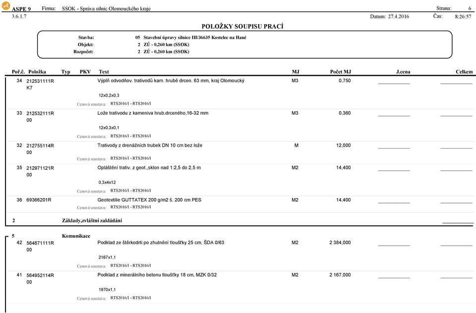 drceného,16-3 mm M3 0,360 1x0,3x0,1 Trativody z drenážních trubek DN 10 cm bez lože M 1,0 Opláštění trativ. z geot.