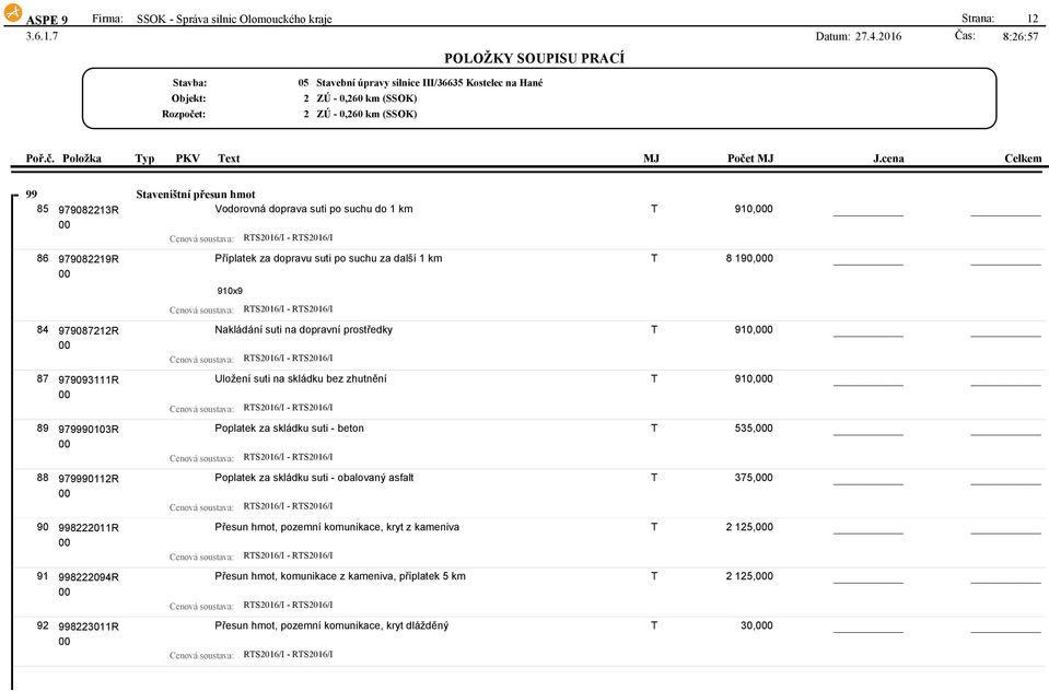 910x9 Nakládání suti na dopravní prostředky T 910,0 Uložení suti na skládku bez zhutnění T 910,0 Poplatek za skládku suti - beton T 535,0 Poplatek za skládku suti - obalovaný