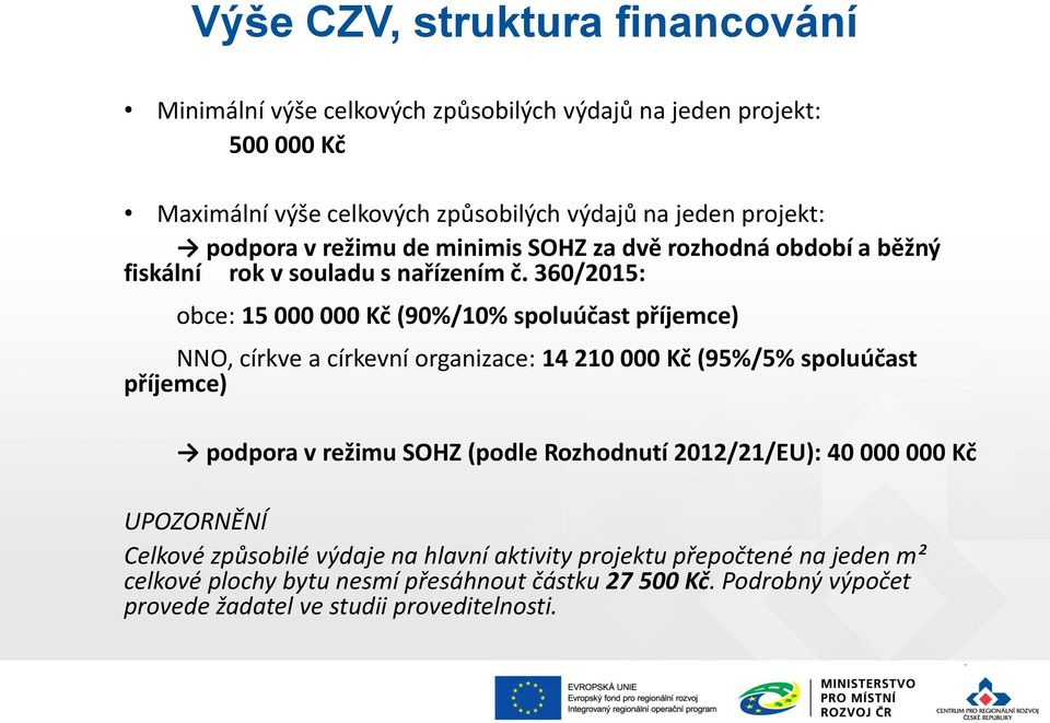 360/2015: obce: 15 000 000 Kč (90%/10% spoluúčast příjemce) NNO, církve a církevní organizace: 14 210 000 Kč (95%/5% spoluúčast příjemce) podpora v režimu SOHZ (podle