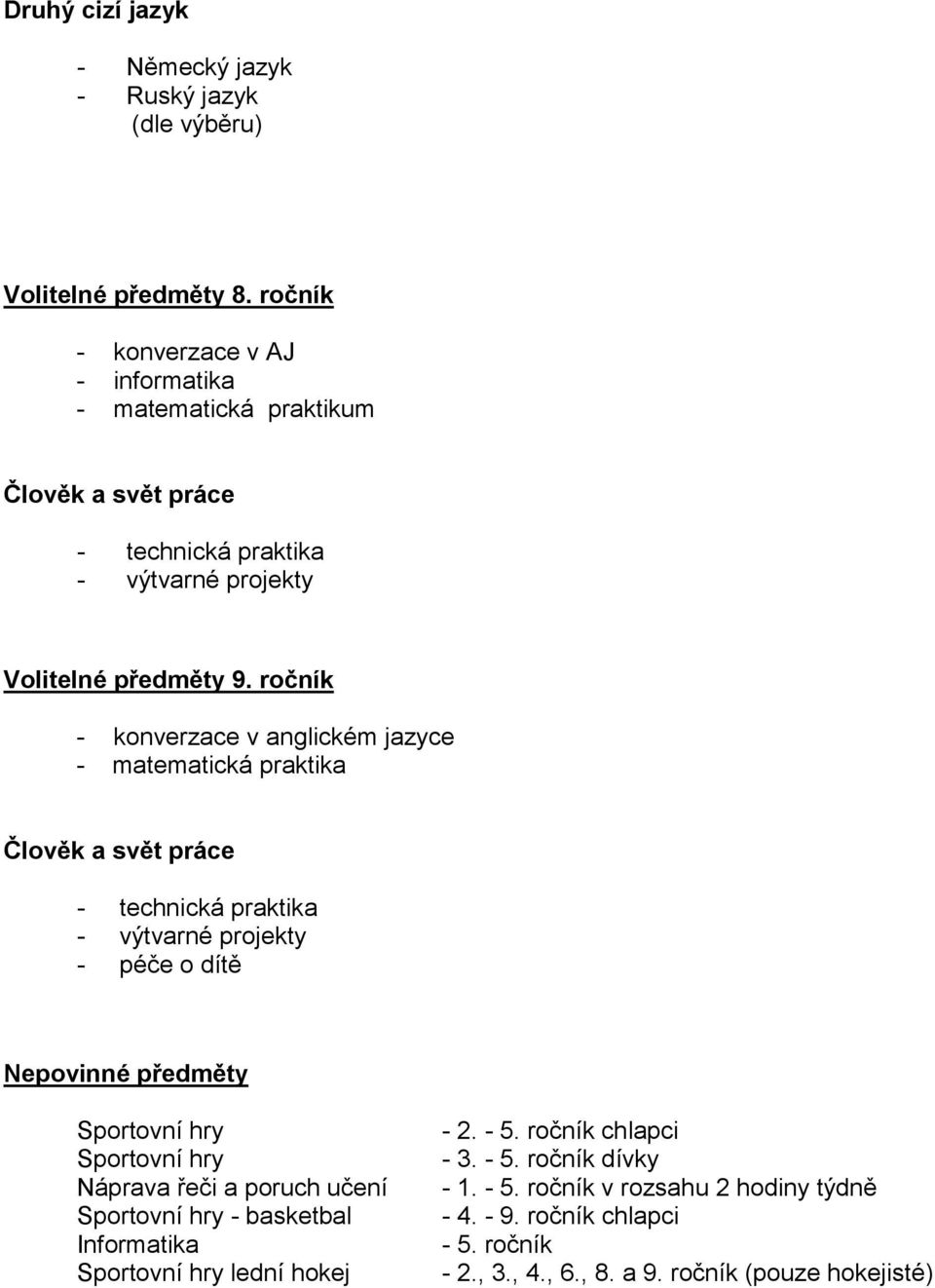 ročník - konverzace v anglickém jazyce - matematická praktika Člověk a svět práce - technická praktika - výtvarné projekty - péče o dítě Nepovinné předměty Sportovní hry