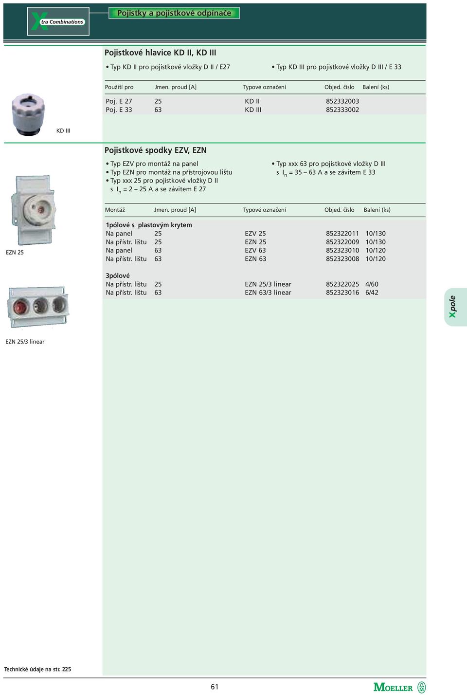 E 33 63 KD II 852332003 KD III 852333002 KD III Pojistkové spodky EZV, EZN Typ EZV pro montáž na panel Typ EZN pro montáž na přístrojovou lištu Typ xxx 25 pro pojistkové vložky D II s I n = 2 25 A a