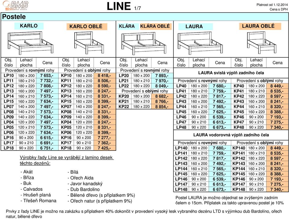 Provedení s oblými rohy LP12 180 x 220 7 808,- KP12 180 x 220 8 590,- LP22 180 x 220 8 049,- LP40 180 x 200 7 680,- KP40 180 x 200 8 449,- LP13 160 x 200 7 497,- KP13 160 x 200 8 247,- Provedení s