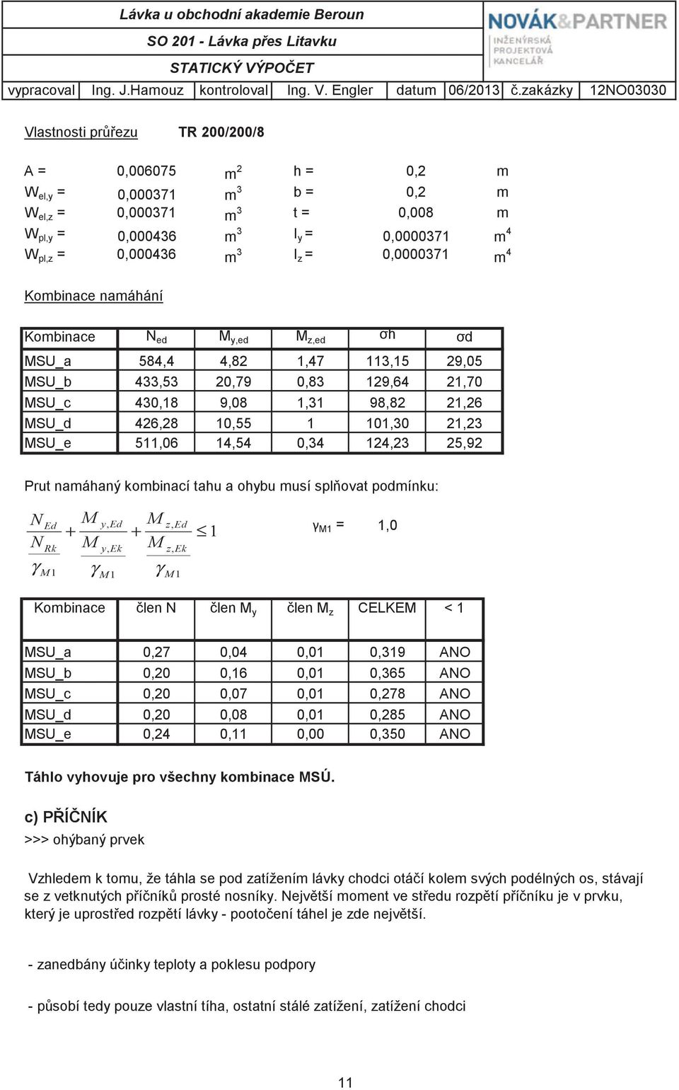 0,000436 m 3 I z = 0,0000371 m 4 Kombinace namáhání Kombinace N ed M y,ed M z,ed MSU_a 584,4 4,82 1,47 MSU_c 430,18 9,08 1,31 h d 113,15 29,05 MSU_b 433,53 20,79 0,83 129,64 21,70 MSU_d 426,28 10,55