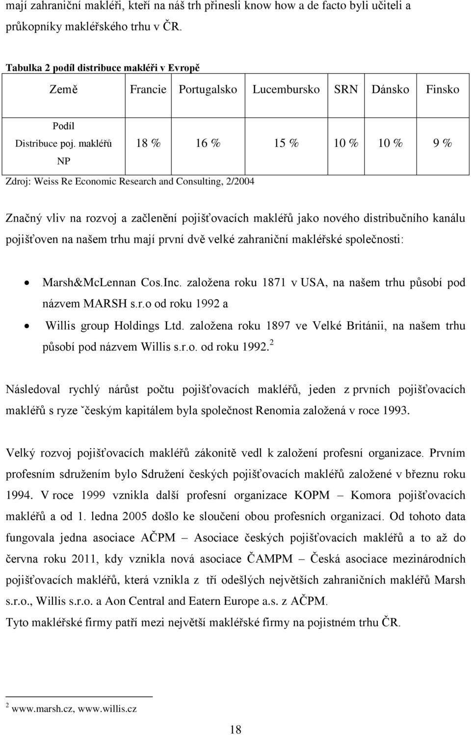 makléřů NP 18 % 16 % 15 % 10 % 10 % 9 % Zdroj: Weiss Re Economic Research and Consulting, 2/2004 Značný vliv na rozvoj a začlenění pojišťovacích makléřů jako nového distribučního kanálu pojišťoven na